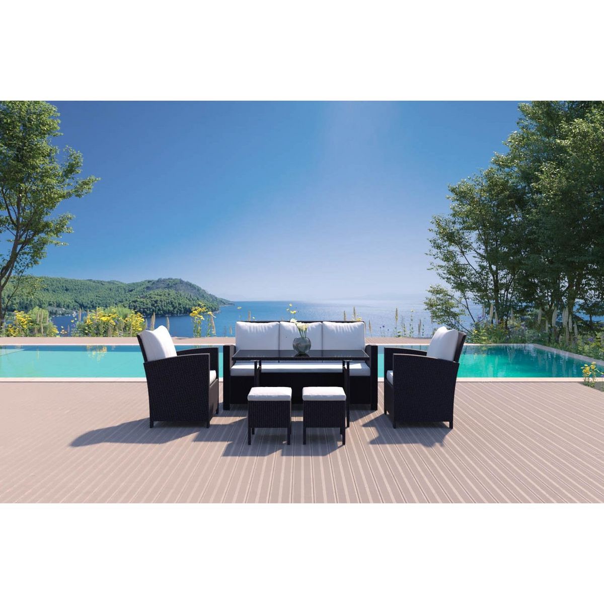 CONCEPT USINE Salon de jardin 7 places en résine tressée noir et blanc MODENA