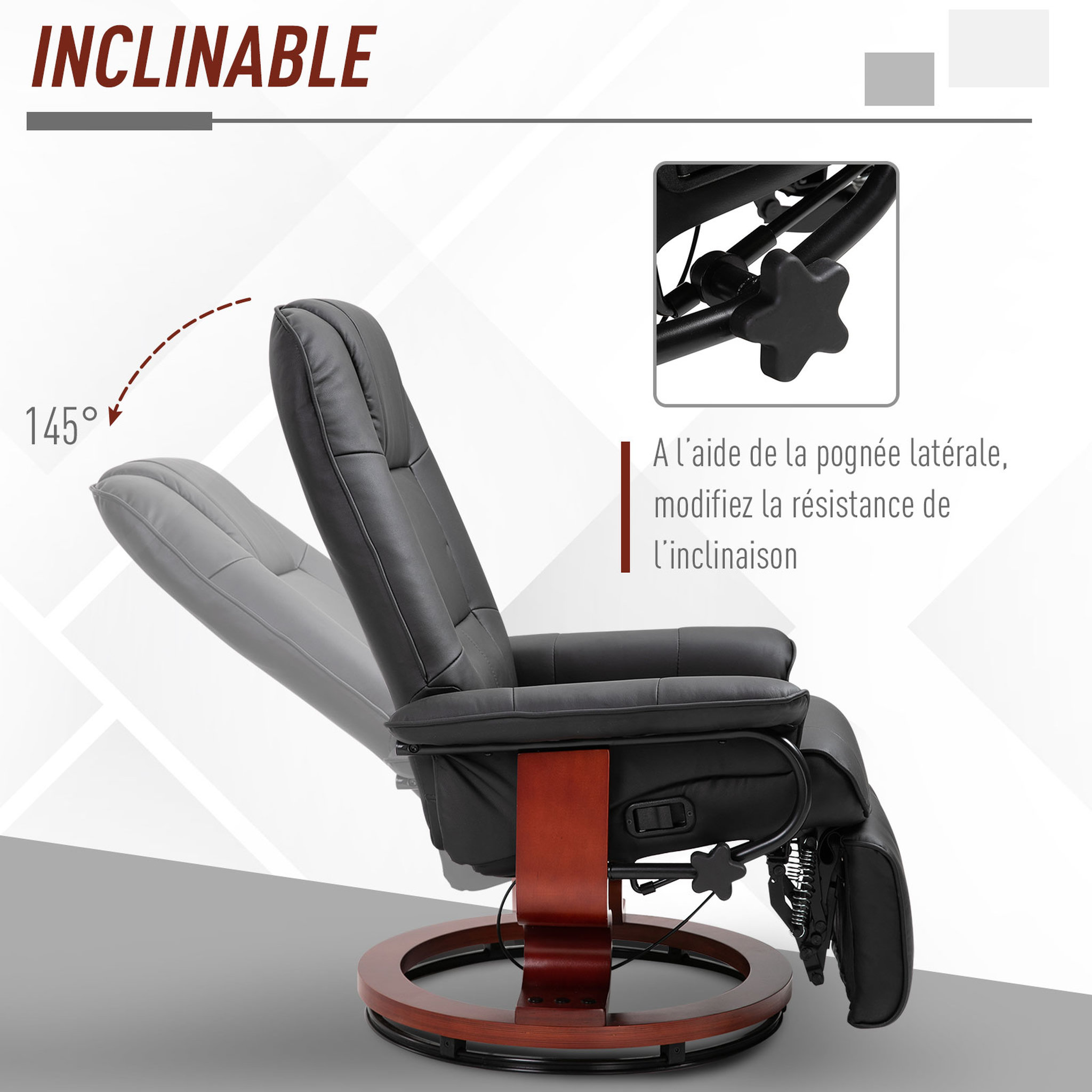 Voir la diapositive 5 : HOMCOM Fauteuil relax inclinable repose-pieds réglable pivotant 360° piètement bois revêtement PU noir