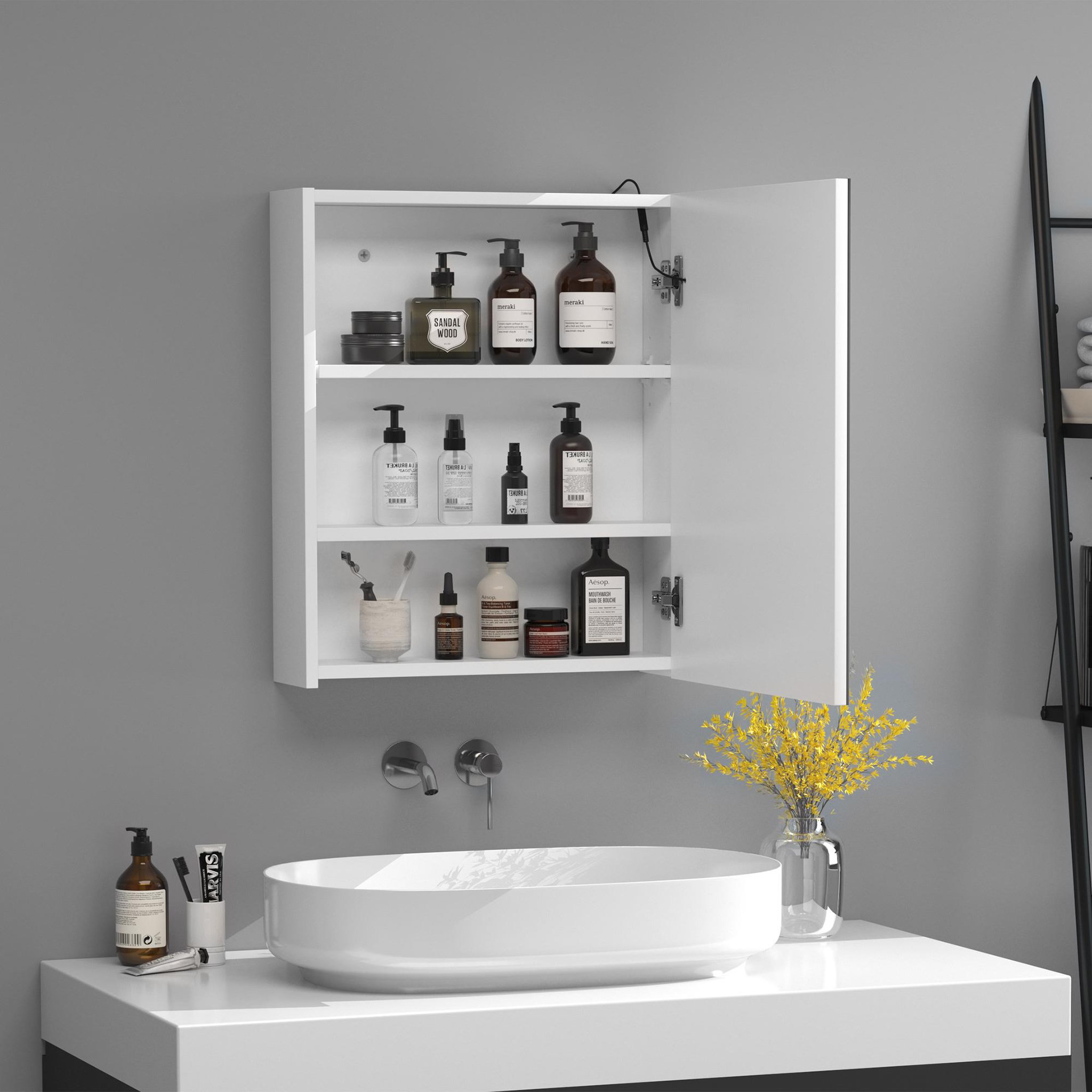 Voir la diapositive 4 : HOMCOM Miroir lumineux led armoire murale design de salle de bain 2 en 1 dim. 50l x 15l x 60h cm mdf blanc