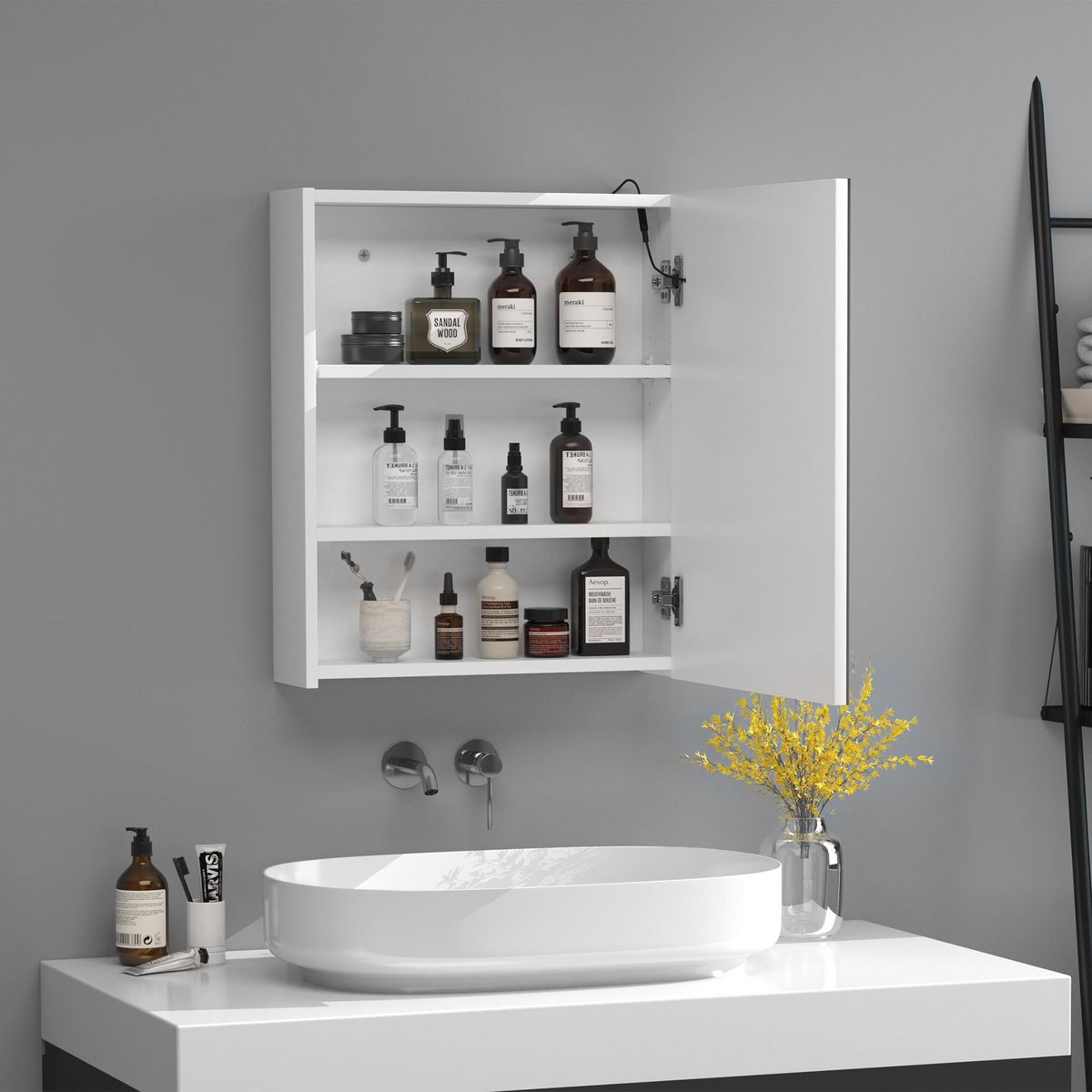 HOMCOM Miroir lumineux LED armoire murale design de salle de bain 2 en 1 dim. 50L x 15l x 60H cm MDF blanc