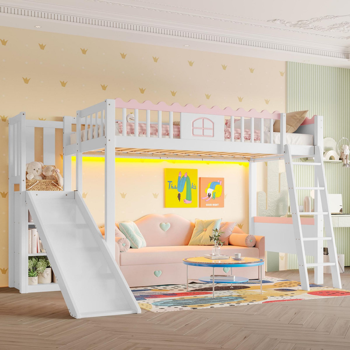 MERAX Lit combiné enfant 90x200cm pin coloris blanc et rose