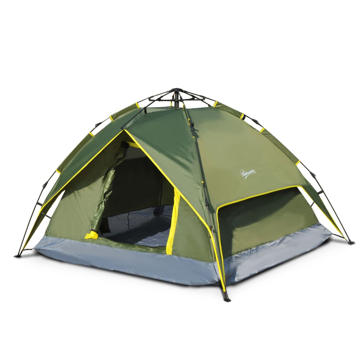 Outsunny Tente de camping 3 personnes avec portes zippées, poche de  rangement sac de transport inclus - fibre verre polyester tissu Oxford dim.  210L x 210l x 119H cm vert et gris