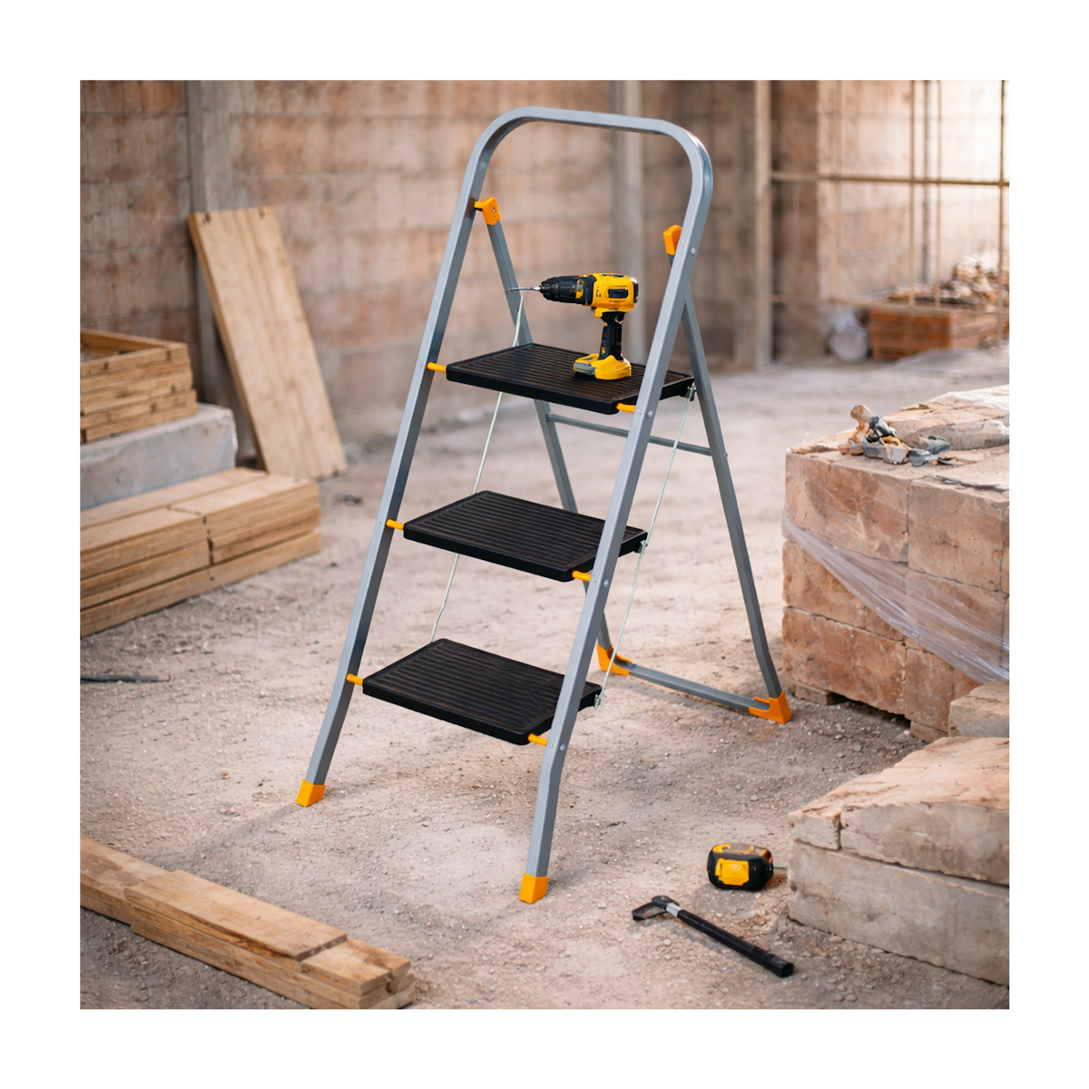 INTEC Escabeau pliable 3 marches Charge 150kg Marche-pied anti-dérapant Bricolage Maison Chantier INTEC