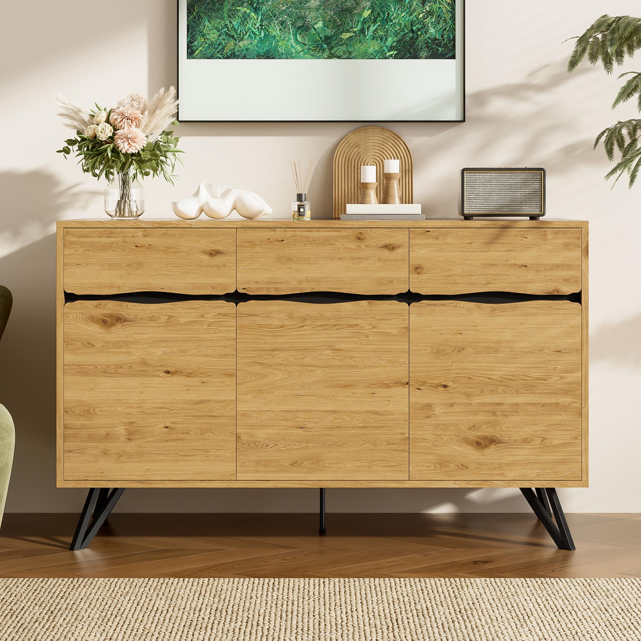 Voir la diapositive 2 : MERAX Buffet 3 porte(s) 0 tiroir(s) - 140 cm naturel+noir panneau de particules