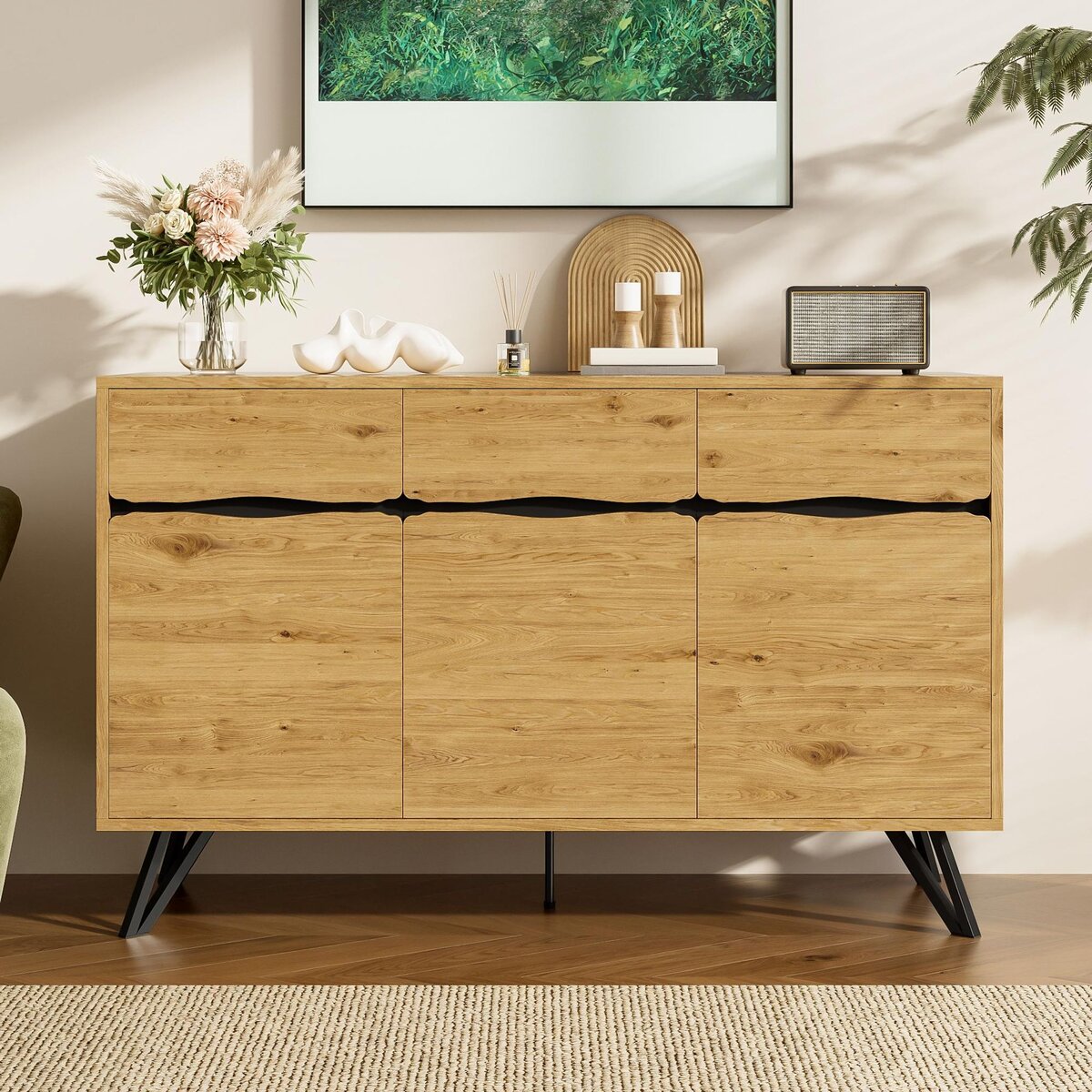 MERAX Buffet 3 porte(s) 0 tiroir(s) - 140 cm naturel+noir panneau de particules