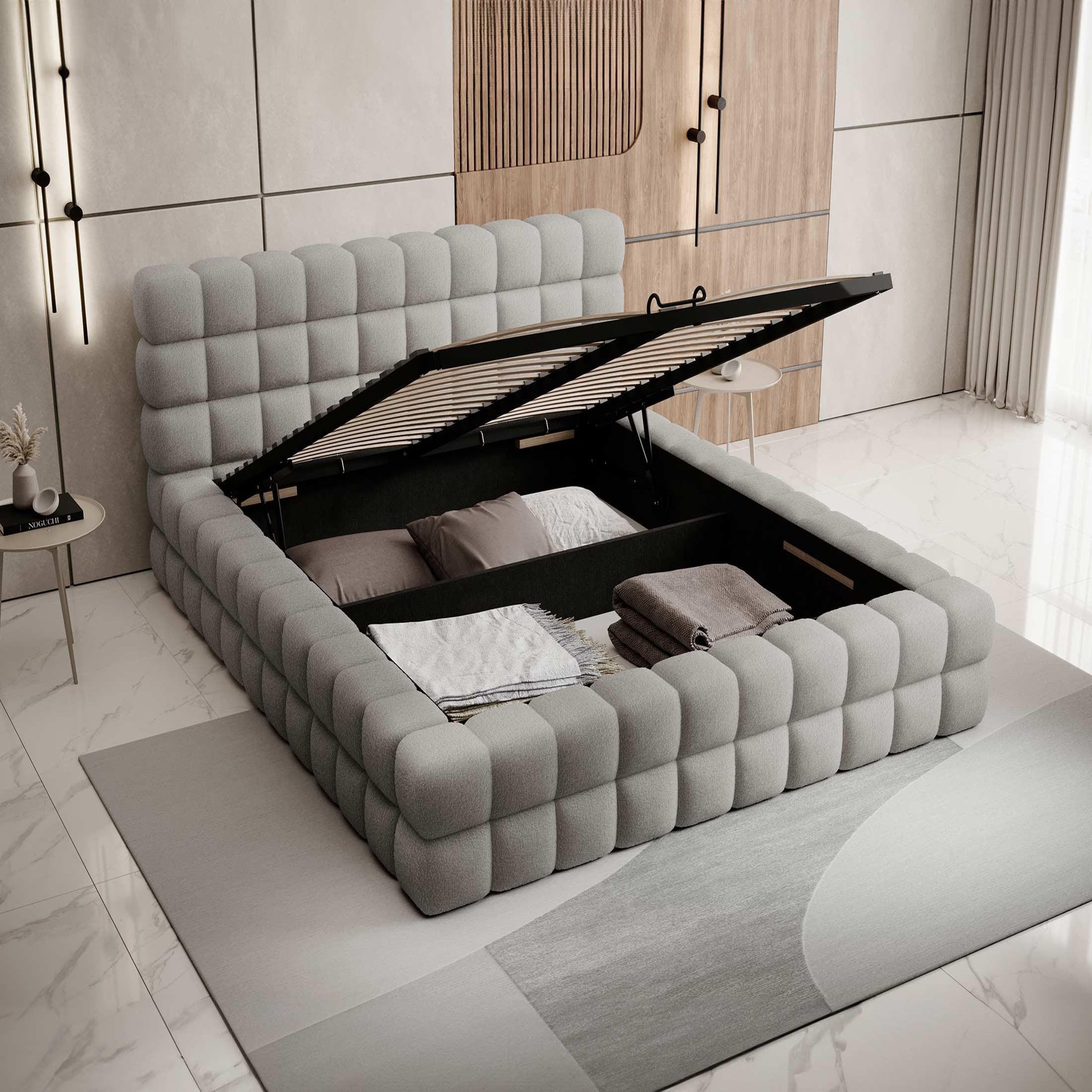 Voir la diapositive 2 : BEST MOBILIER Kingston - lit coffre - 180x200 - sommier inclus - en tissu bouclette