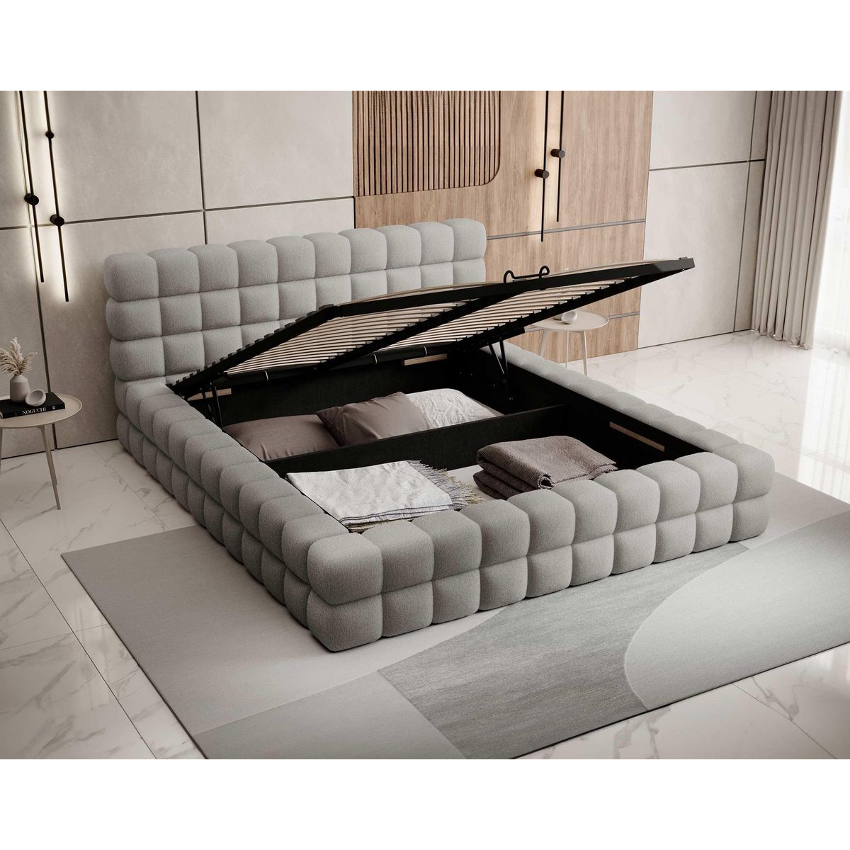 BEST MOBILIER Kingston - lit coffre - 180x200 - sommier inclus - en tissu bouclette