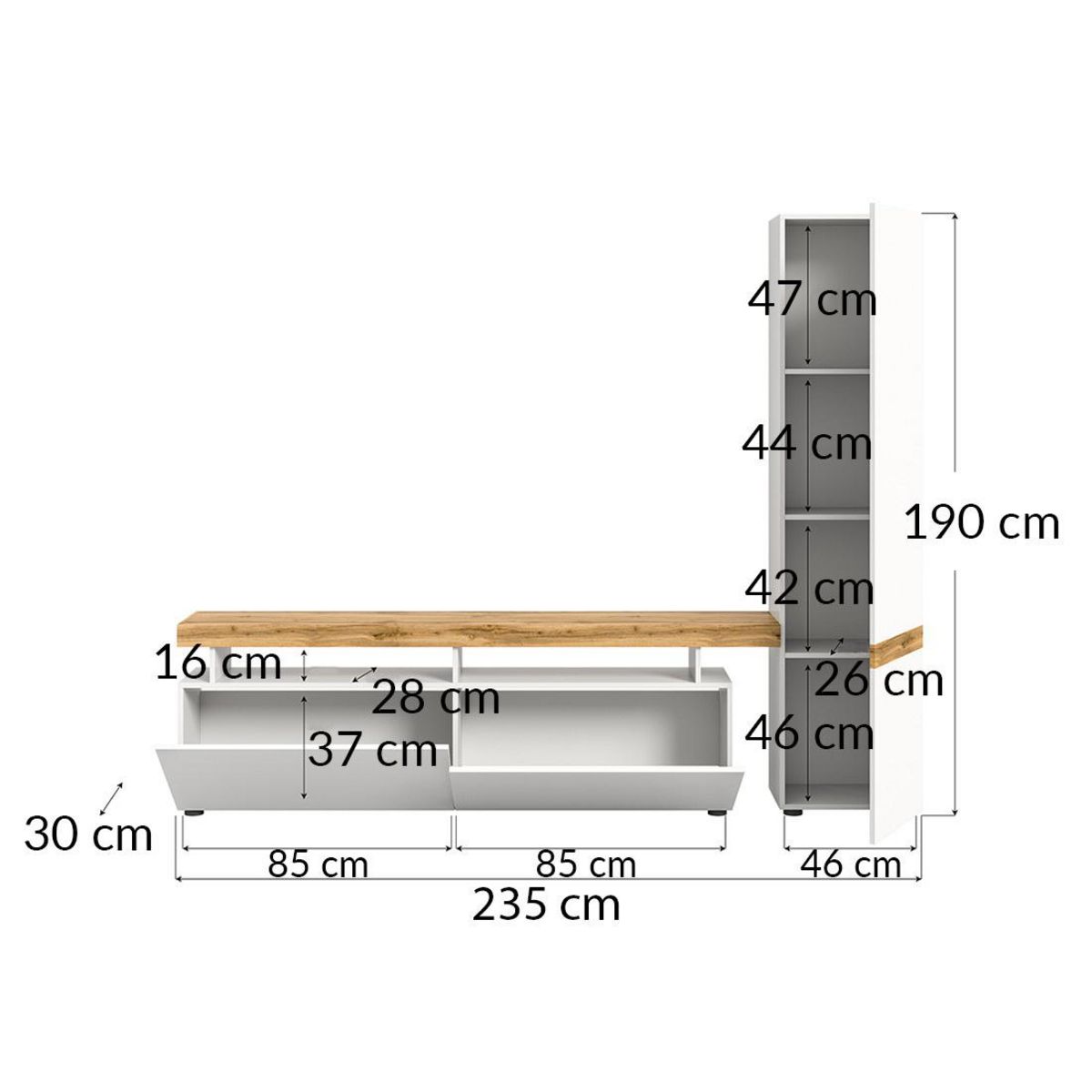 BEST MOBILIER Olivier - meuble tv avec armoire - 3 portes - blanc et effet bois - 235x190 cm
