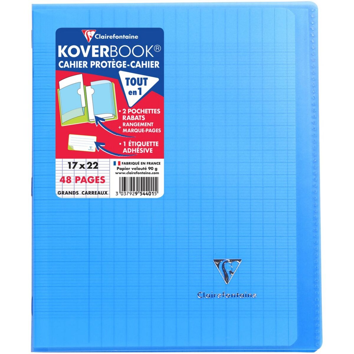 CLAIREFONTAINE Cahier piqué polypro Koverbook 17x22cm 48 pages grands carreaux Seyes bleu ciel transparent