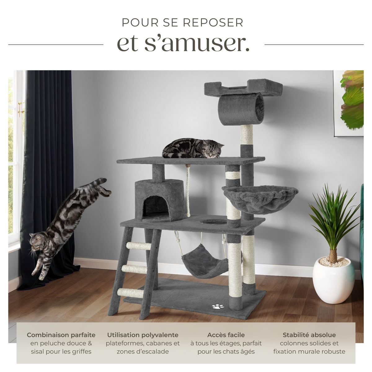 tectake Arbre à chat 141 cm avec griffoir et plateforme d'escalade gris