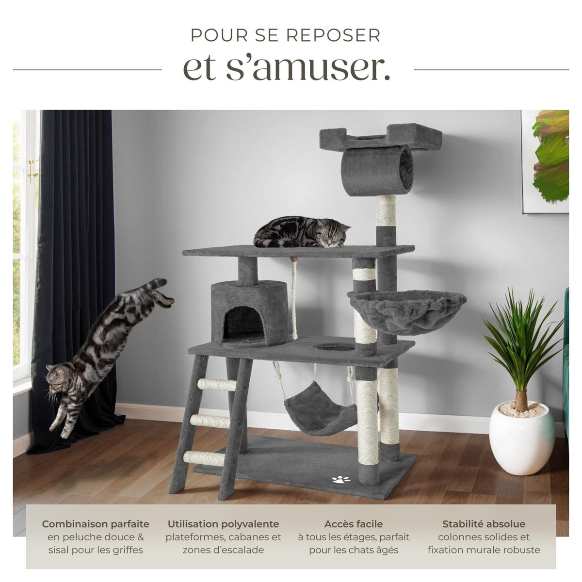 tectake Arbre à chat 141 cm avec griffoir et plateforme d'escalade gris