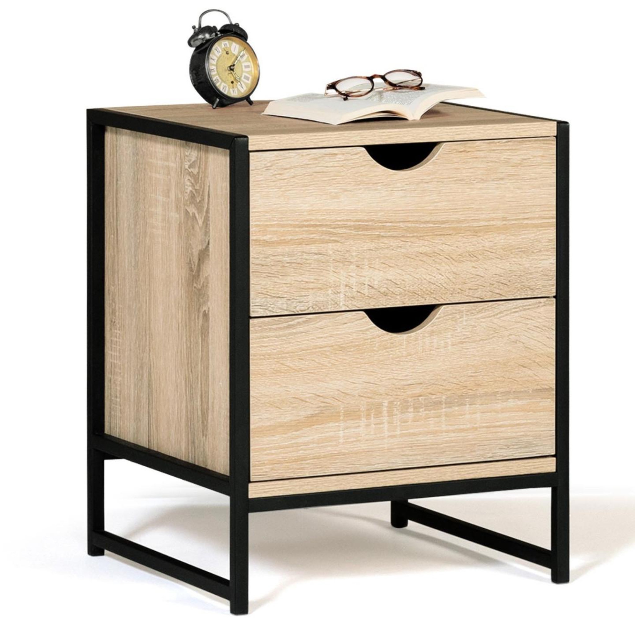 ID MARKET Lot de 2 tables de chevet detroit 2 tiroirs bois et métal noir design industriel