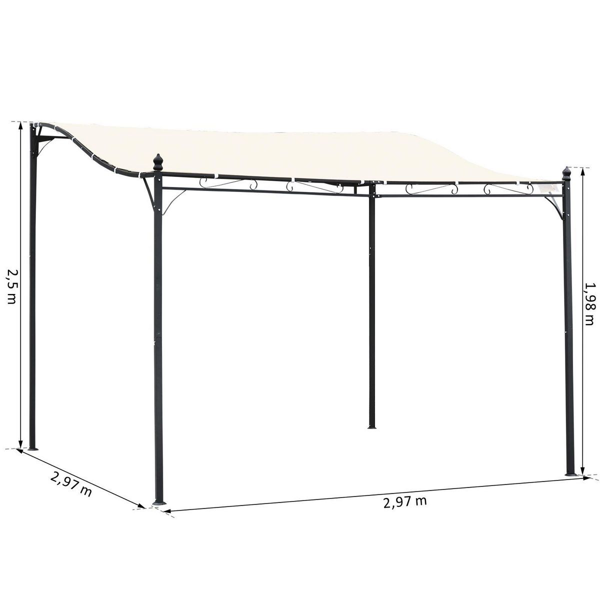 OUTSUNNY Pergola tonnelle de jardin auvent 2,97 x 2,97 m adossable métal noir polyester anti-UV beige