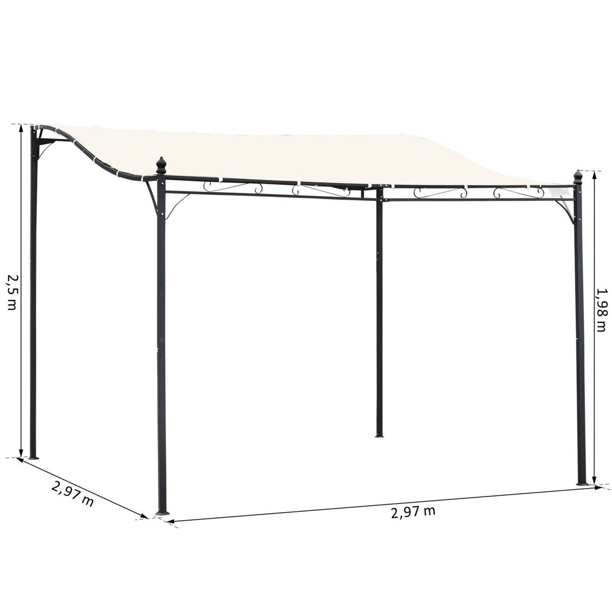 OUTSUNNY Pergola tonnelle de jardin auvent 2,97 x 2,97 m adossable métal noir polyester anti-UV beige
