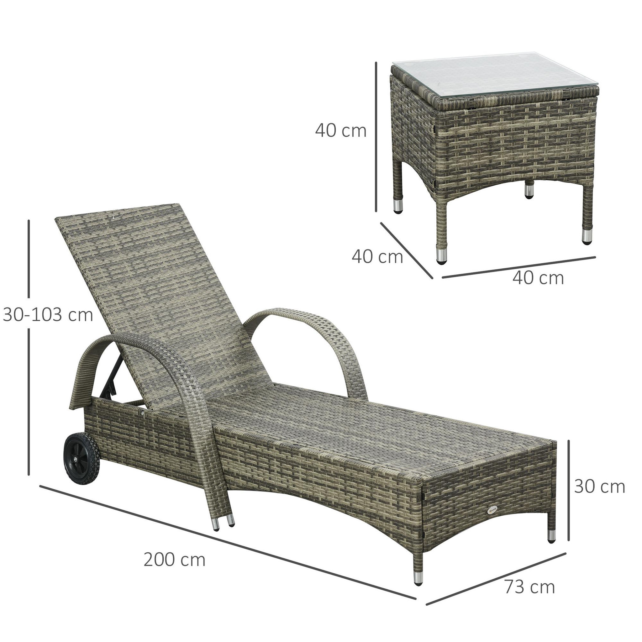 Voir la diapositive 3 : OUTSUNNY Lot de 2 transats bains de soleil grand confort : matelas, têtière, inclinaison réglable multipostions, accoudoirs, roulettes + table basse verre trempé résine tressée grise