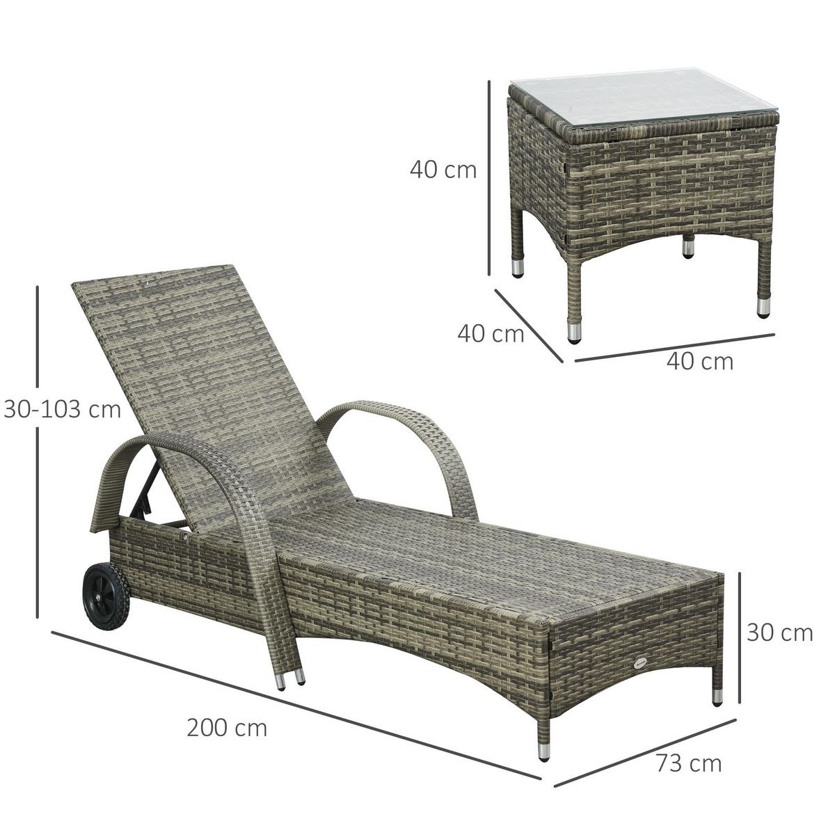 OUTSUNNY Lot de 2 transats bains de soleil grand confort : matelas, têtière, inclinaison réglable multipostions, accoudoirs, roulettes + table basse verre trempé résine tressée grise
