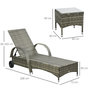 Voir la diapositive 3 : OUTSUNNY Lot de 2 transats bains de soleil grand confort : matelas, têtière, inclinaison réglable multipostions, accoudoirs, roulettes + table basse verre trempé résine tressée grise