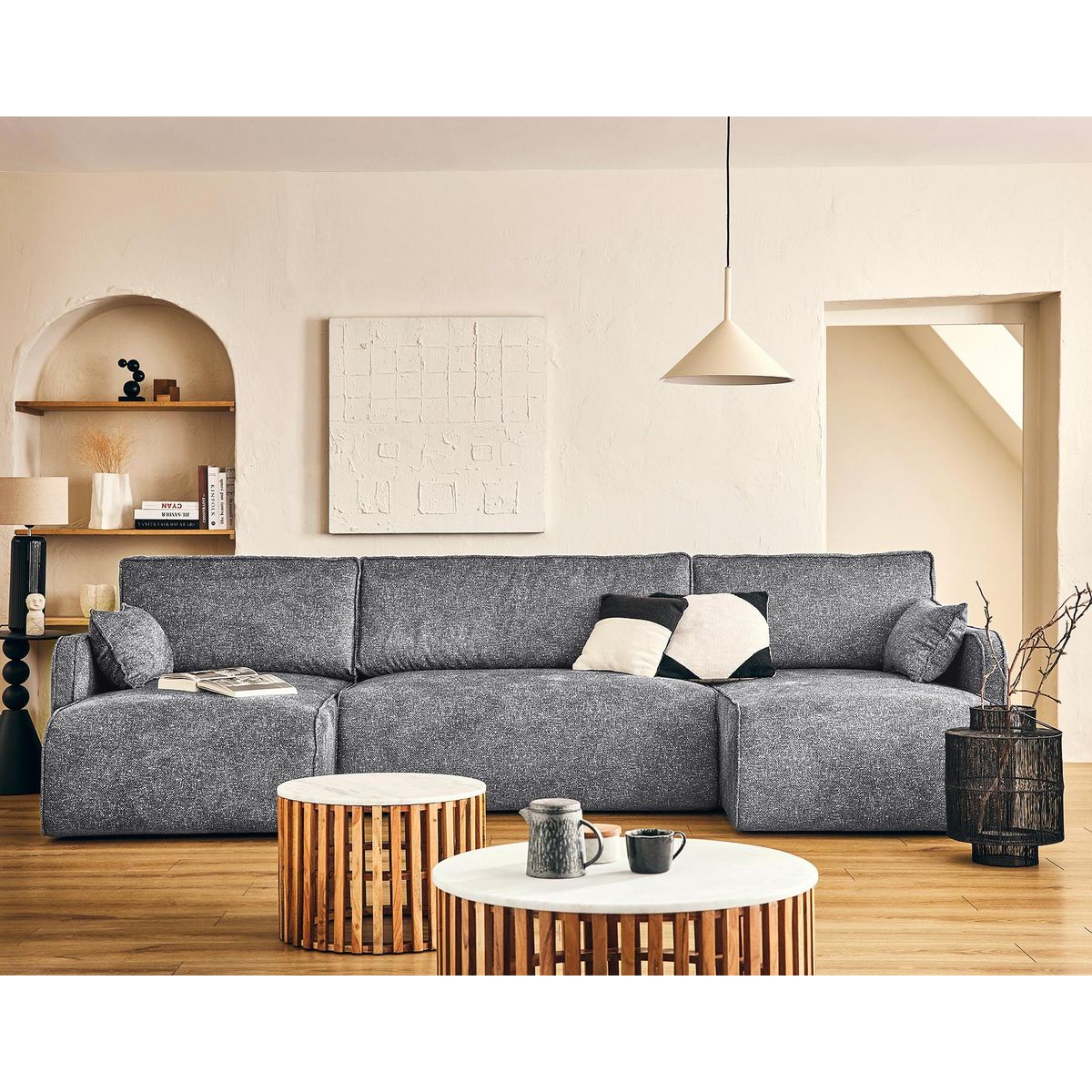 LISA DESIGN Apolline - canapé panoramique en u 7 places convertible avec coffres en tissu moucheté