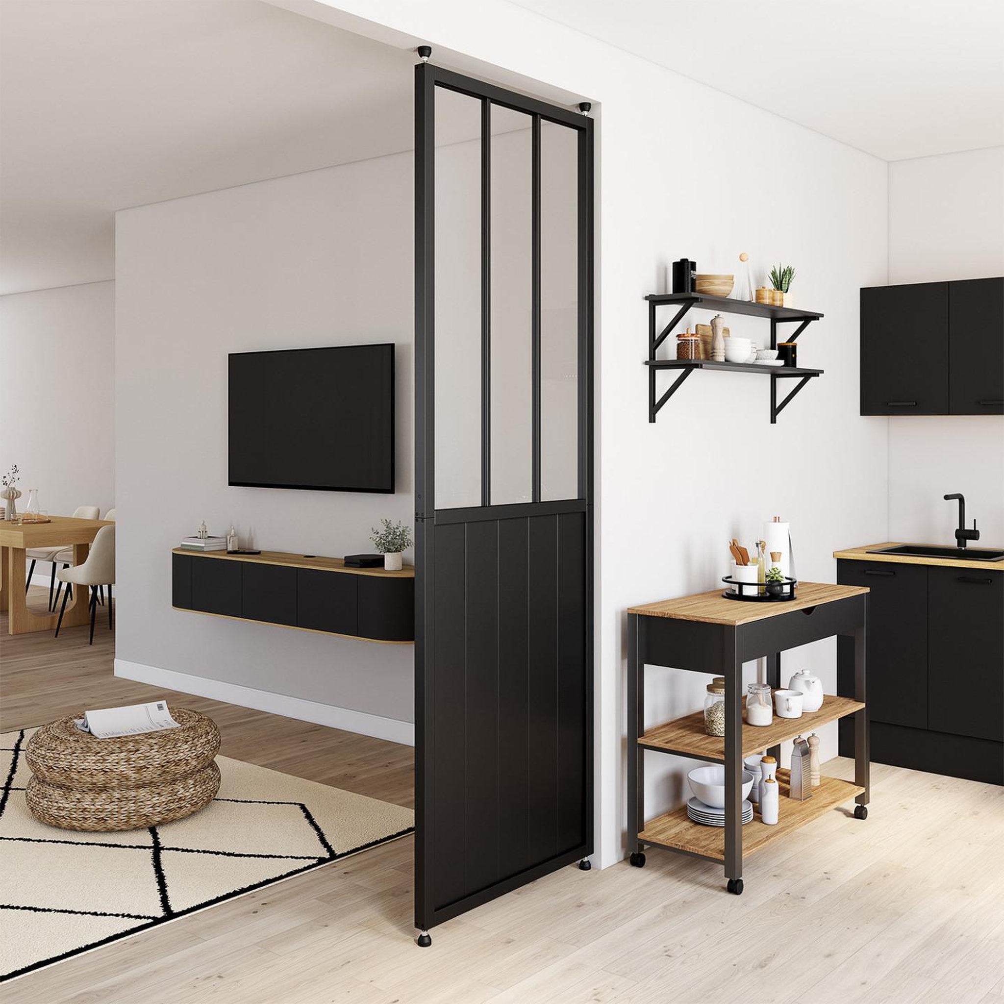 Voir la diapositive 2 : ID MARKET Cloison de séparation amovible atelier 250 x 80 cm effet métal noir et verre trempé