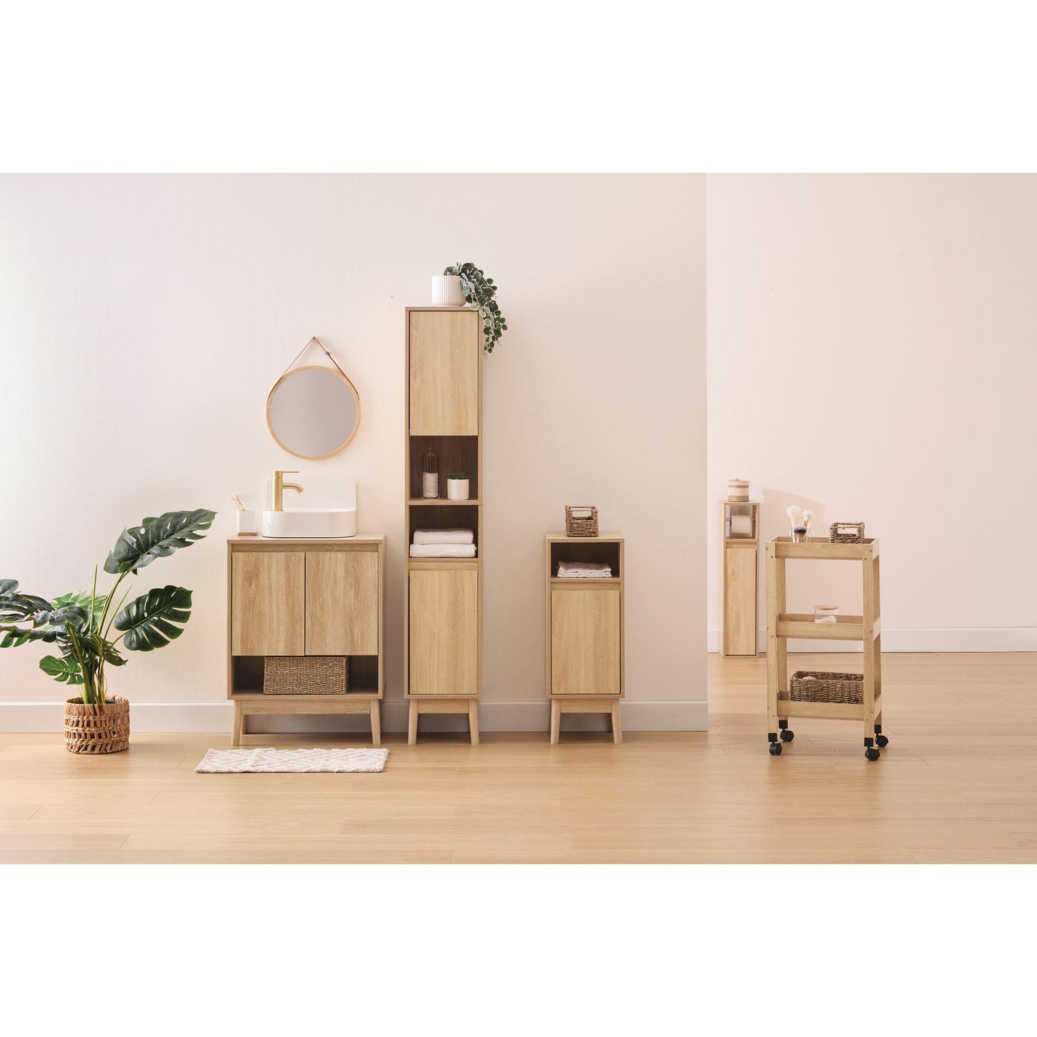 Voir la diapositive 2 : FIVE Meuble sous vasque 2 portes et 1 niche effet bois naturel abana - beige