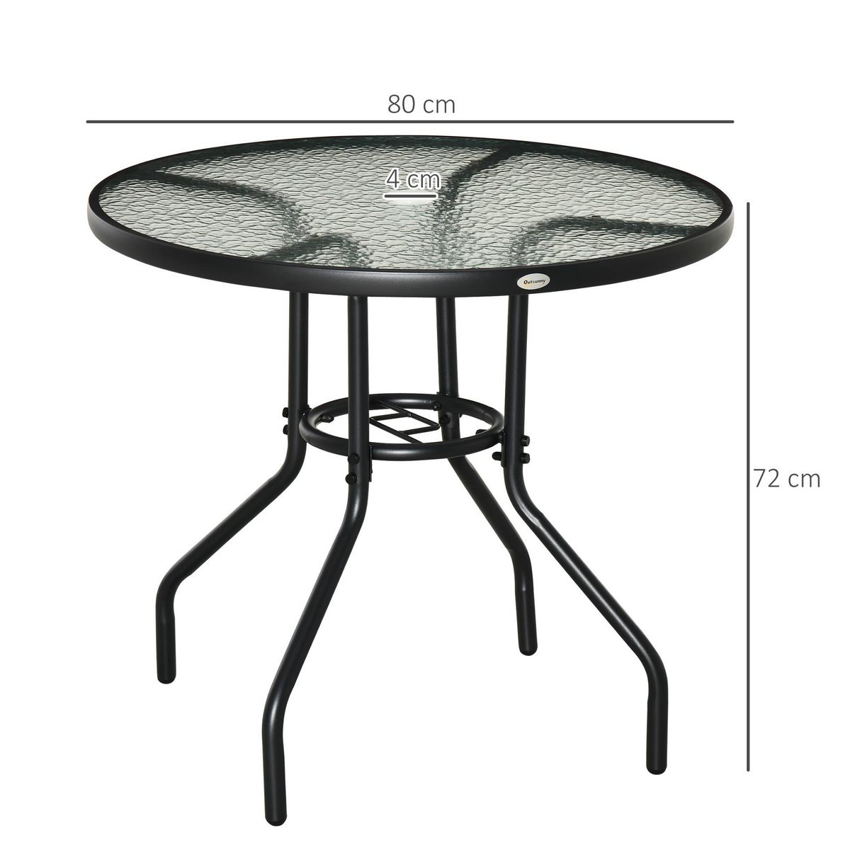 OUTSUNNY Table de jardin ronde dia. 80 x 72H cm - espace central parasol - métal noir plateau verre trempé texturé