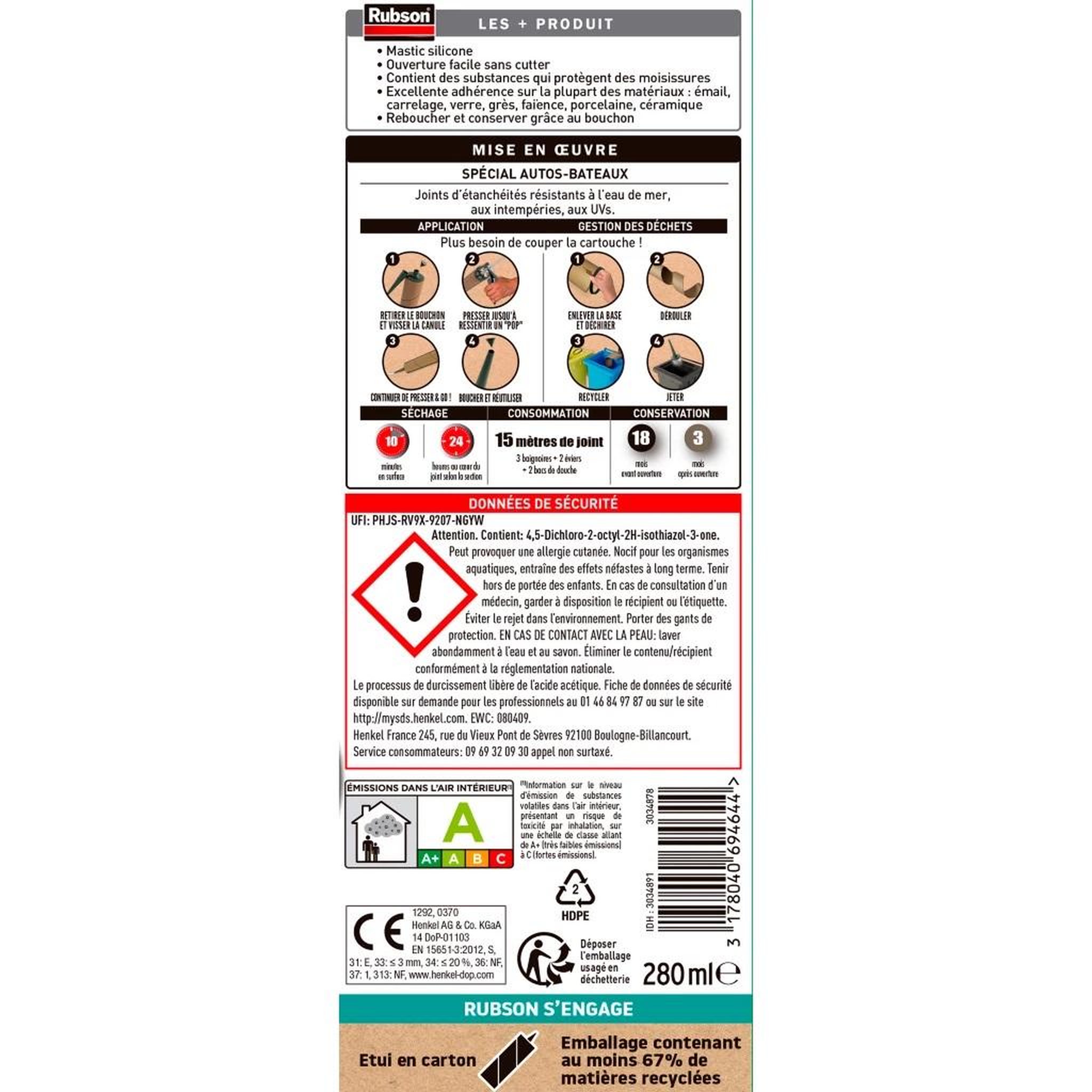 Voir la diapositive 2 : rubson Mastic silicone autos-bateaux 280 ml noir - 3034891