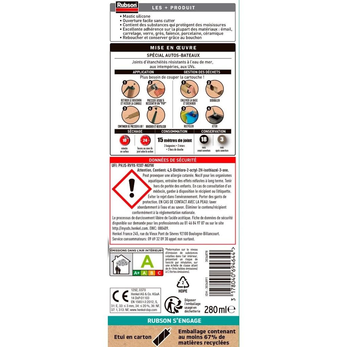 rubson Mastic silicone autos-bateaux 280 ml noir - 3034891