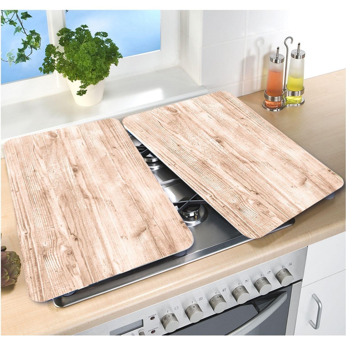 Wenko 2 Couvre-plaques universel design Naturel - 30 x 52 cm - Effet bois