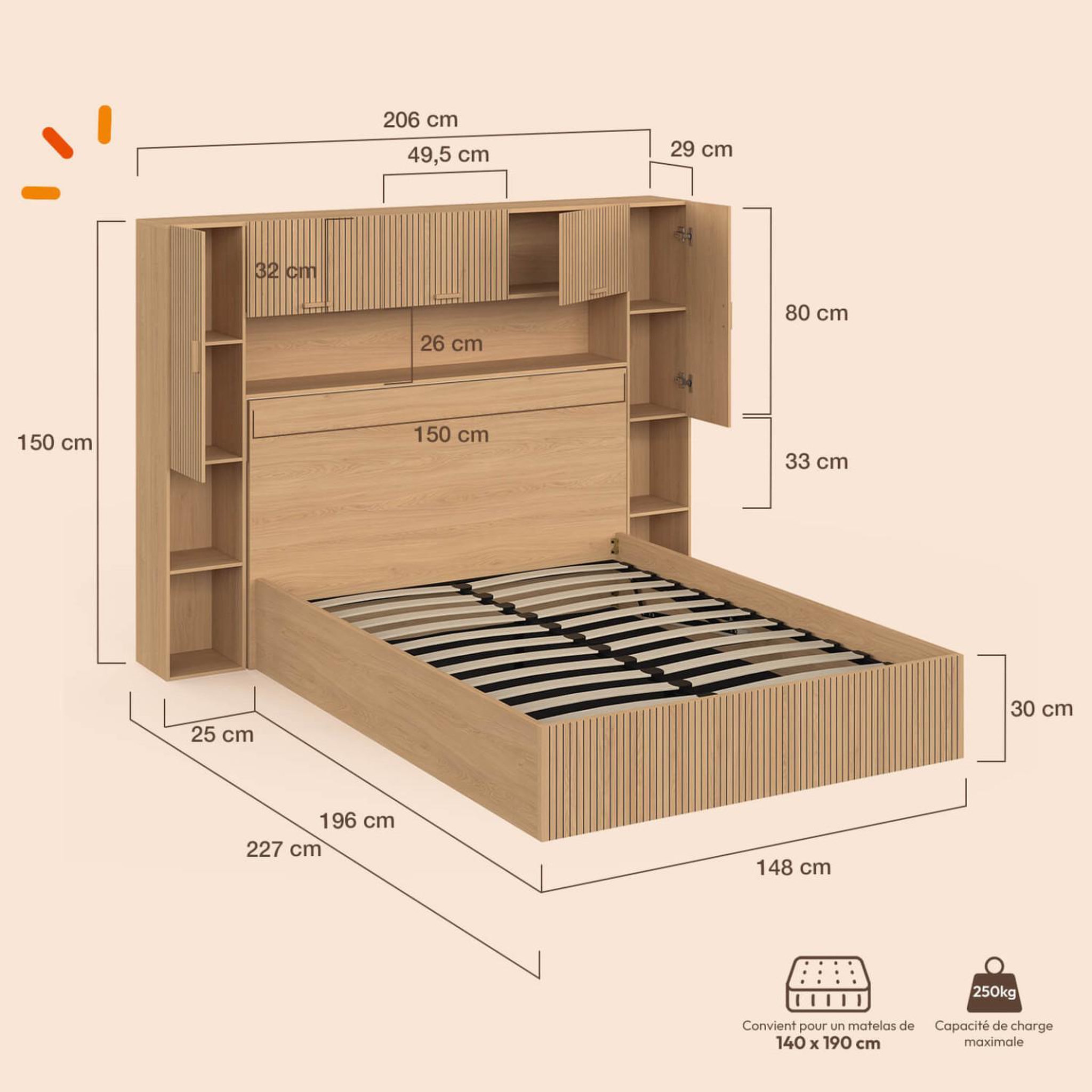 Voir la diapositive 5 : ID MARKET Lit pont coffre double JULIETTE armoire avec rangements et sommier 140 x 190 cm effet lattes tasseau de bois