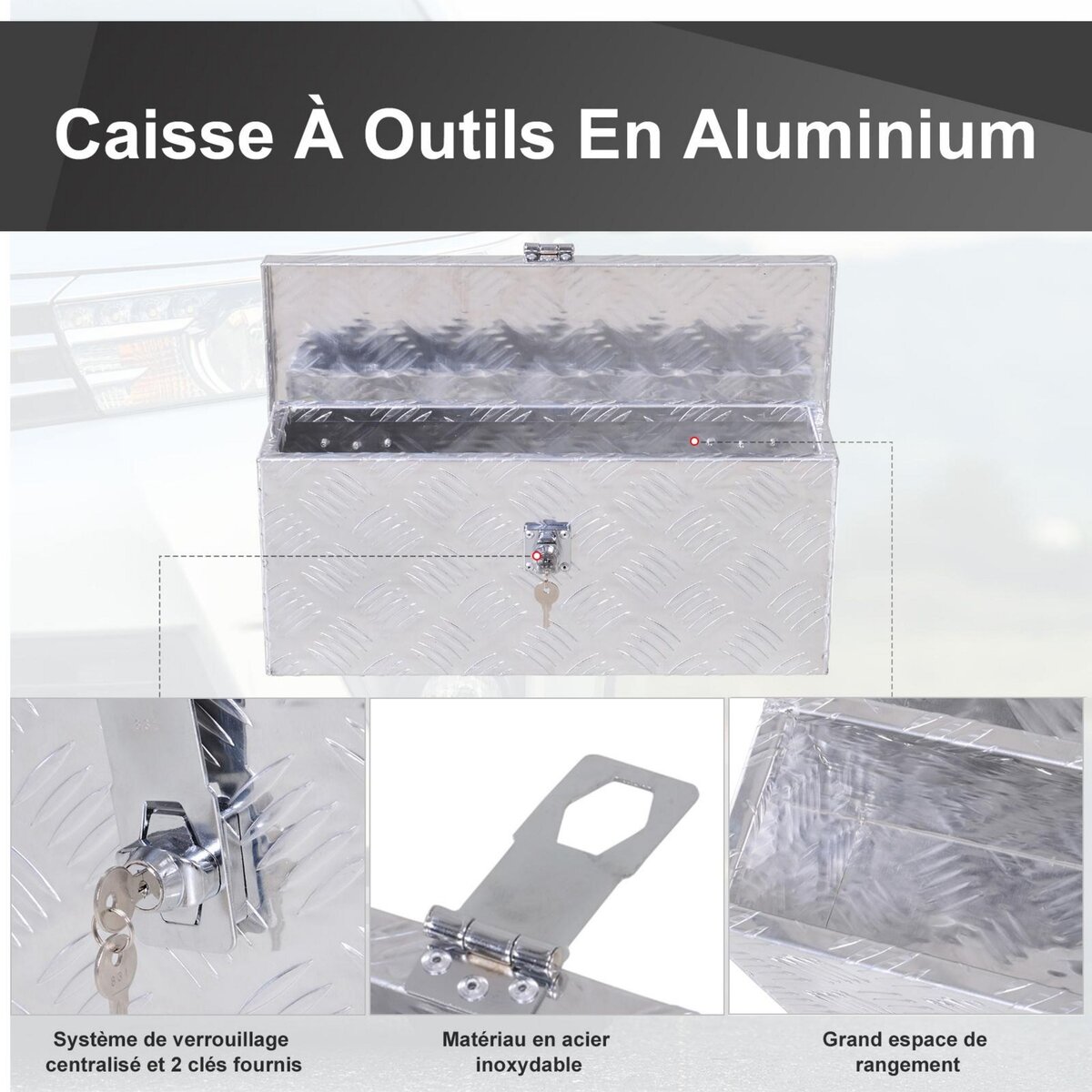 HOMCOM Boite de rangement - boîte à outils en aluminium - caisse à outil alu. verrouillage clé