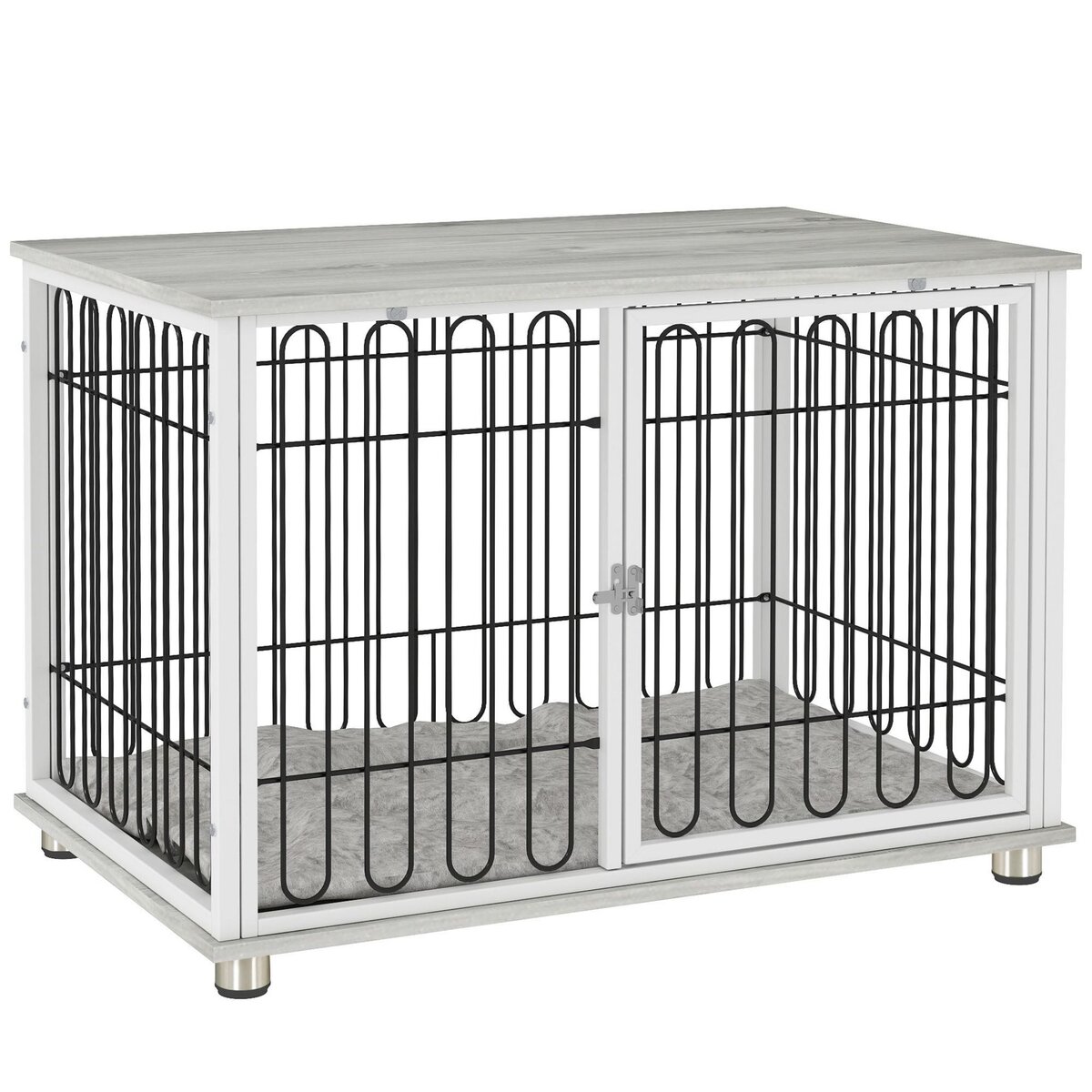 PAWHUT Cage chien avec coussin 90 x 58 x 62 cm - porte verrouillable - effet bois gris clair acier blanc noir