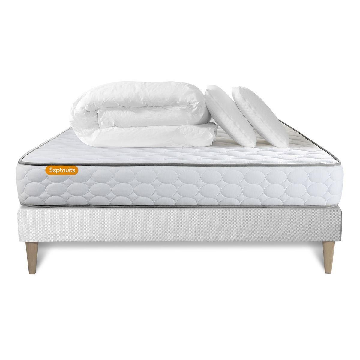 SEPTNUITS Pack matelas Memo + sommier kit blanc + 2 oreillers mémoire de forme