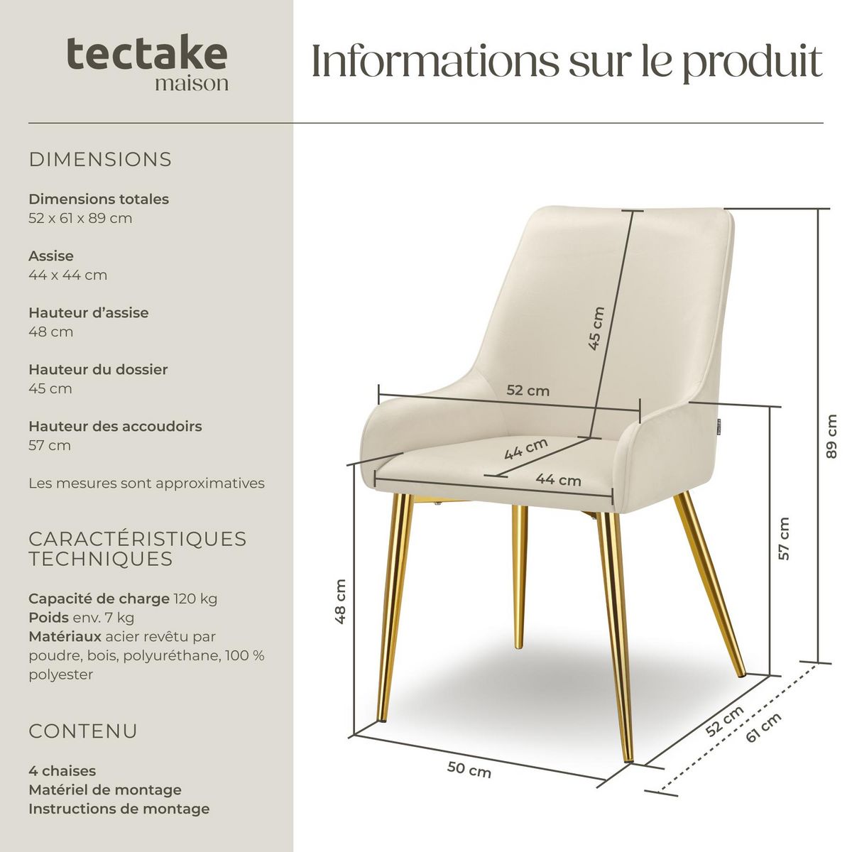 tectake Chaise rembourrée en velours rembourré beige Lot de 4