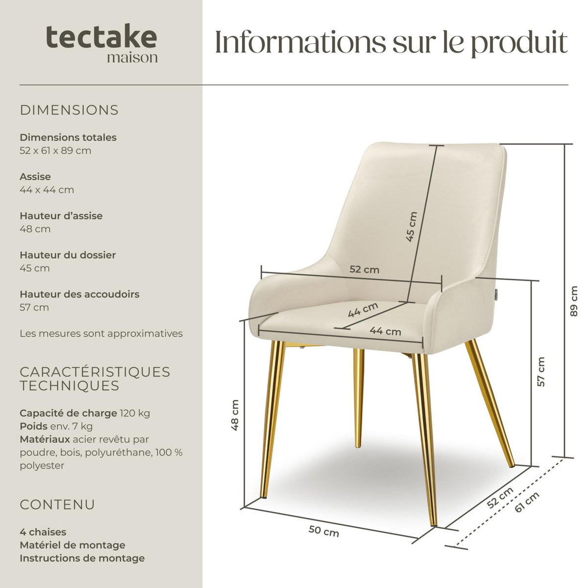 tectake Chaise rembourrée en velours rembourré beige Lot de 4