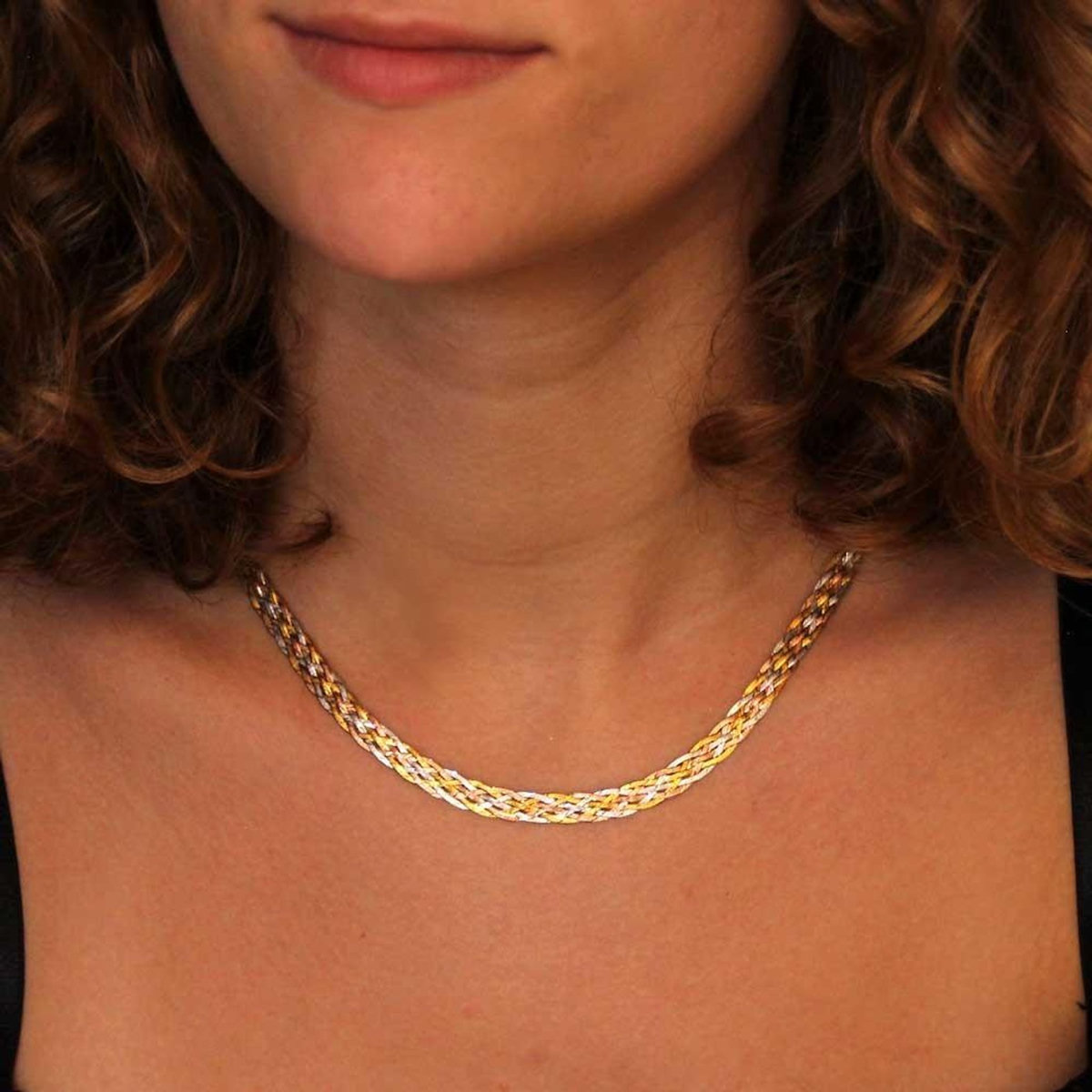L'ATELIER D'AZUR Collier Tresse Trois Ors - Or Tricolore Jaune, Blanc et Rose - Femme
