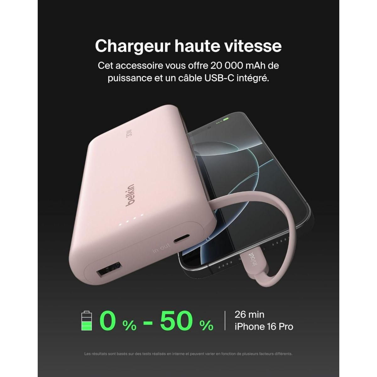 Belkin Batterie externe 20000 mAh avec cable USB-C intégre pink