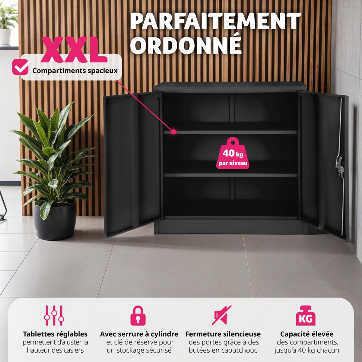 tectake Armoire de classement en métal en acier lâqué époxy noir