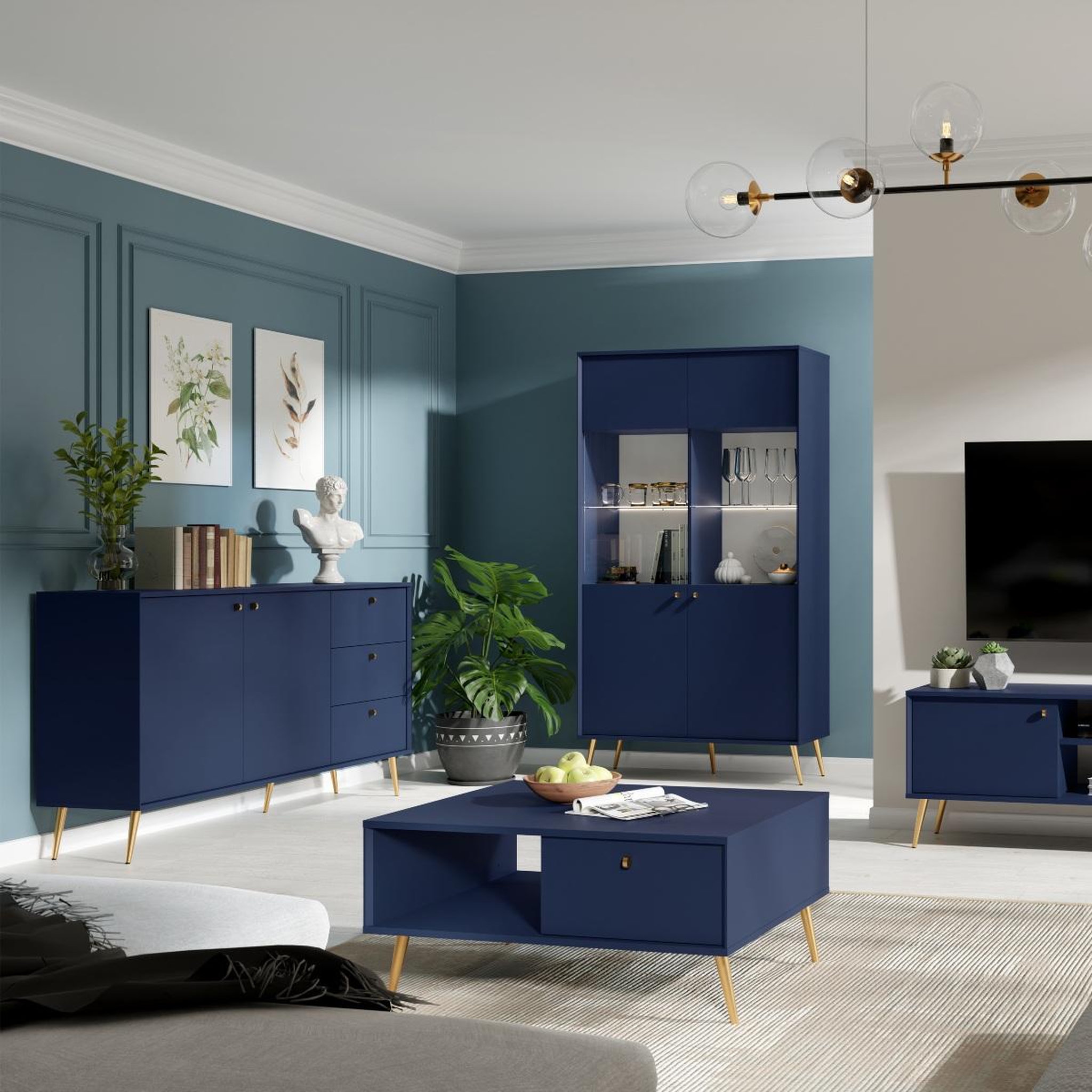 Voir la diapositive 4 : JLC KREATION Argentier vitré moderne bleu et pied or ezia