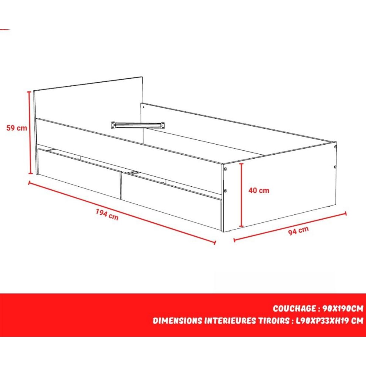 Lit avec rangements 90x190 cm, 2 tiroirs et tête de lit CAMA