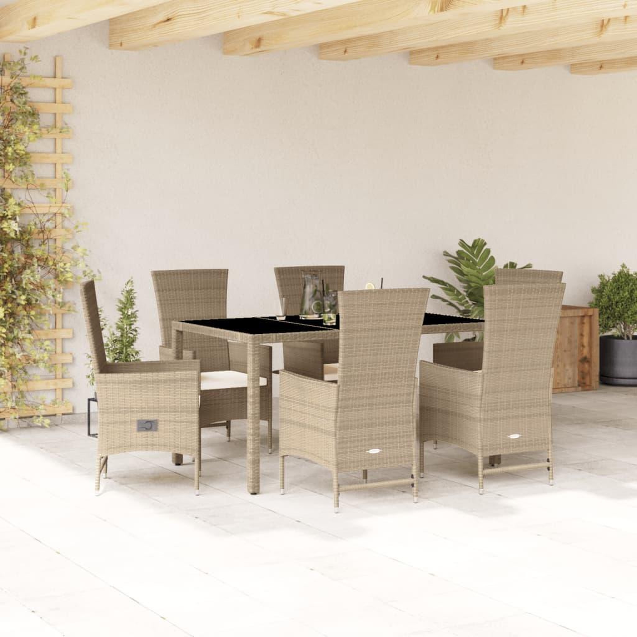 VIDAXL Ensemble a manger de jardin et coussins 7 pcs beige poly rotin