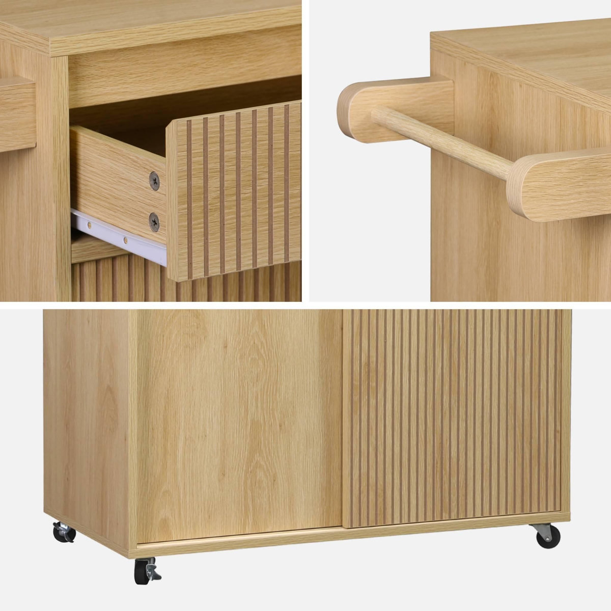 SWEEEK Desserte de cuisine LINEAR décor bois 1 poignée 1 tiroir 2 portes 4 roues. Naturel