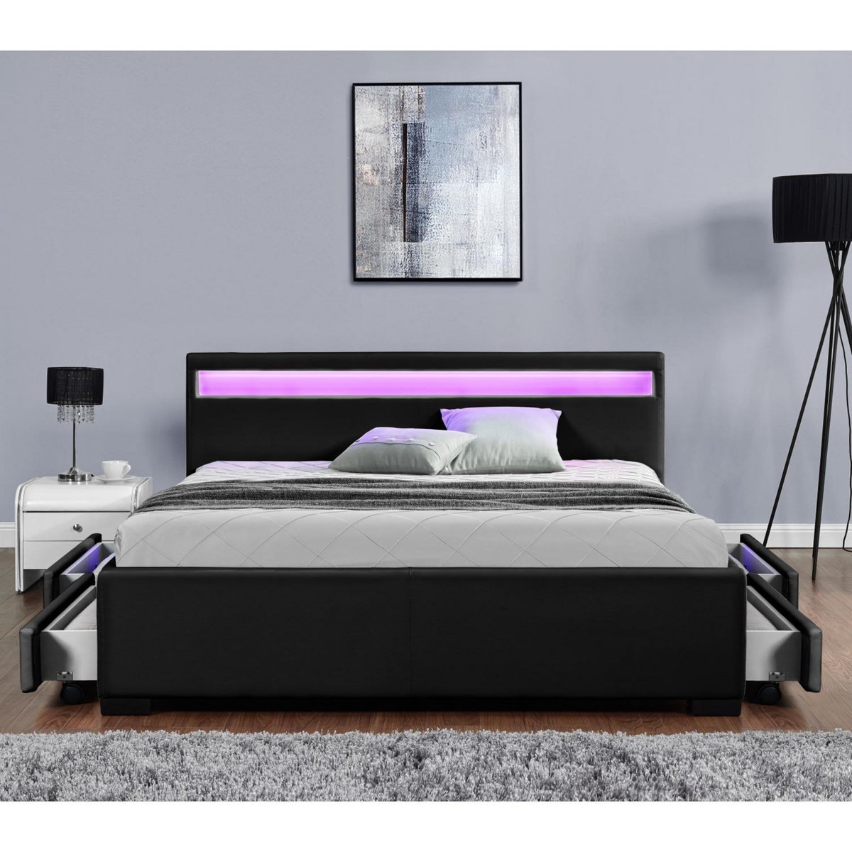 CONCEPT USINE Structure de lit LED avec rangements 160 x 200 cm noir ENFIELD