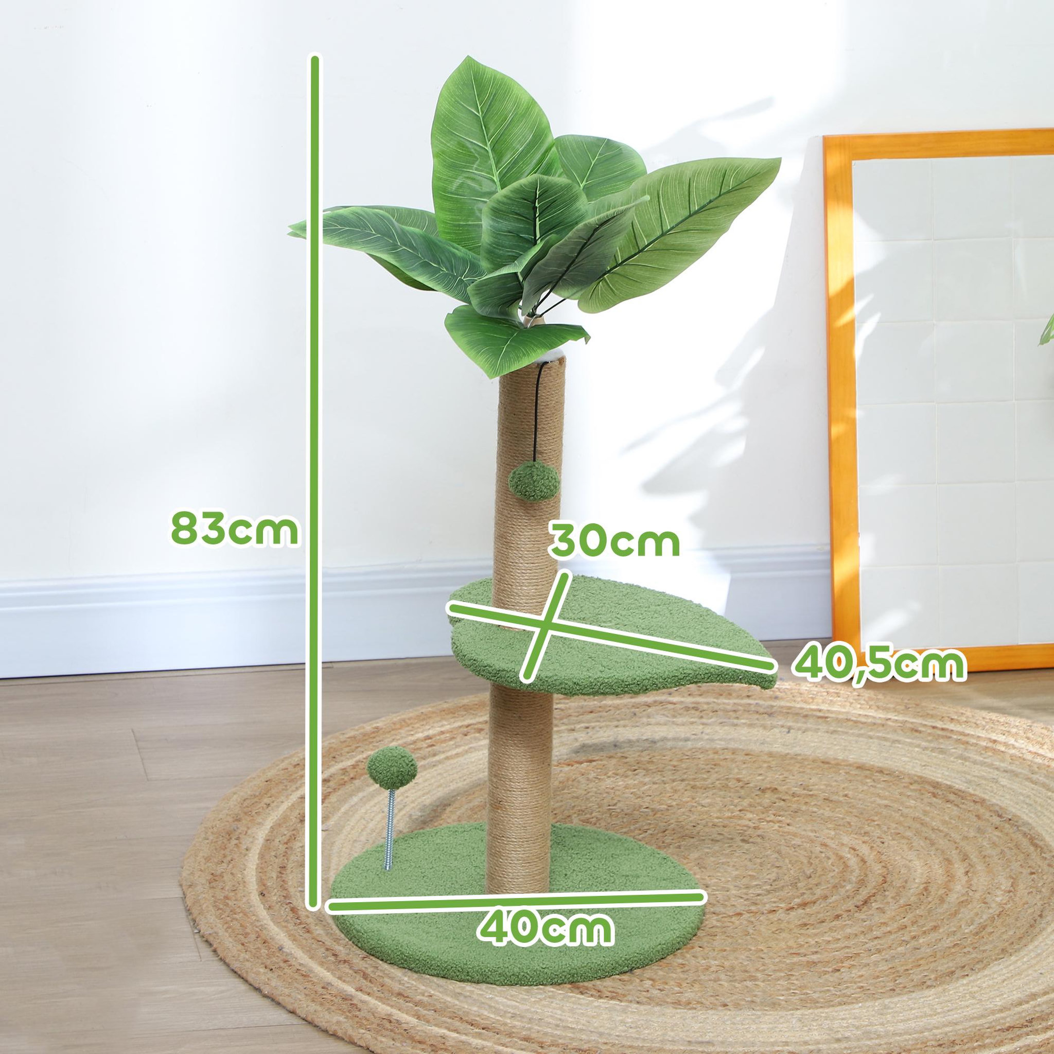 Voir la diapositive 3 : PAWHUT Arbre à chat design tropical - plateforme, griffoir, 2 jeux boules - beige vert