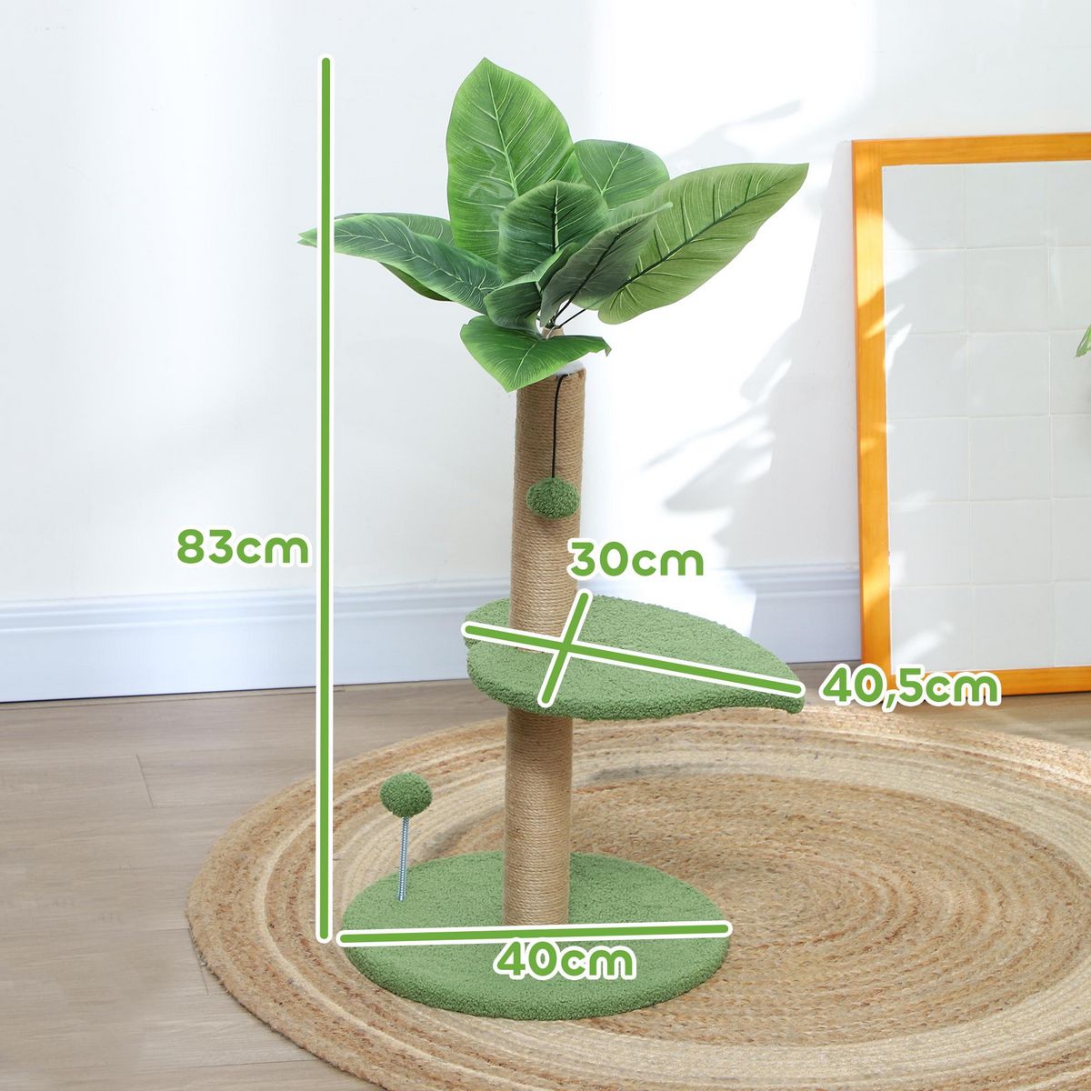 PAWHUT Arbre à chat design tropical - plateforme, griffoir, 2 jeux boules - beige vert