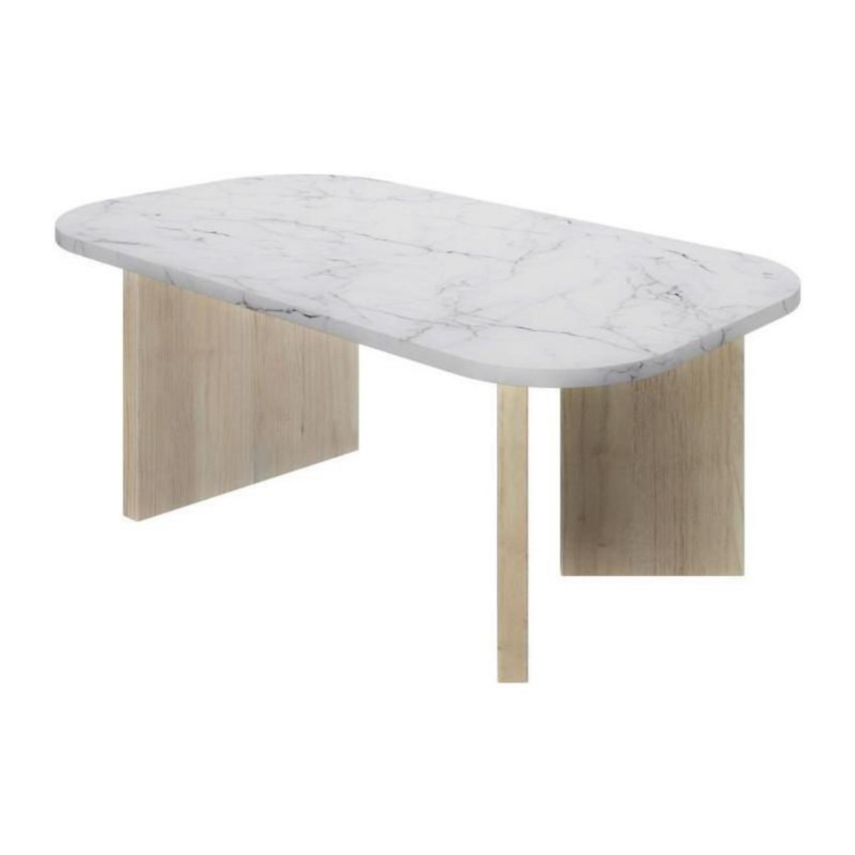 DIAGONE Table basse ovale - QUARTZ - Blanc effet marbre - Pieds épais en chene - 105 x 58 x 39 cm - DIAGONE