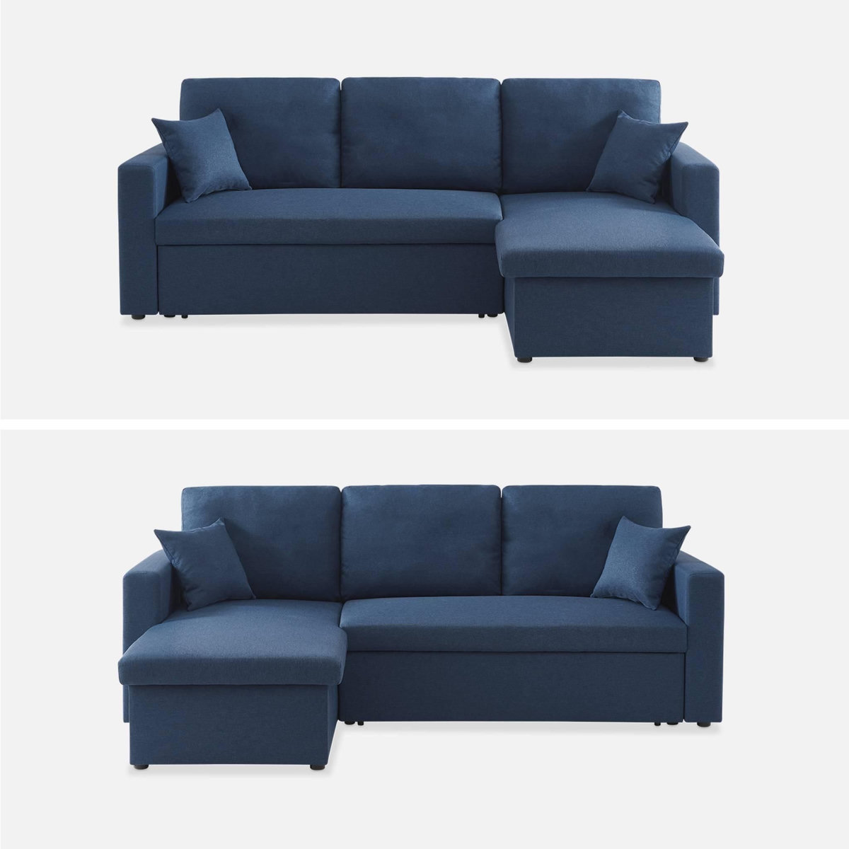 SWEEEK Canapé d'angle convertible en tissu bleu - IDA - 3 places. fauteuil d'angle réversible coffre rangement lit modulable
