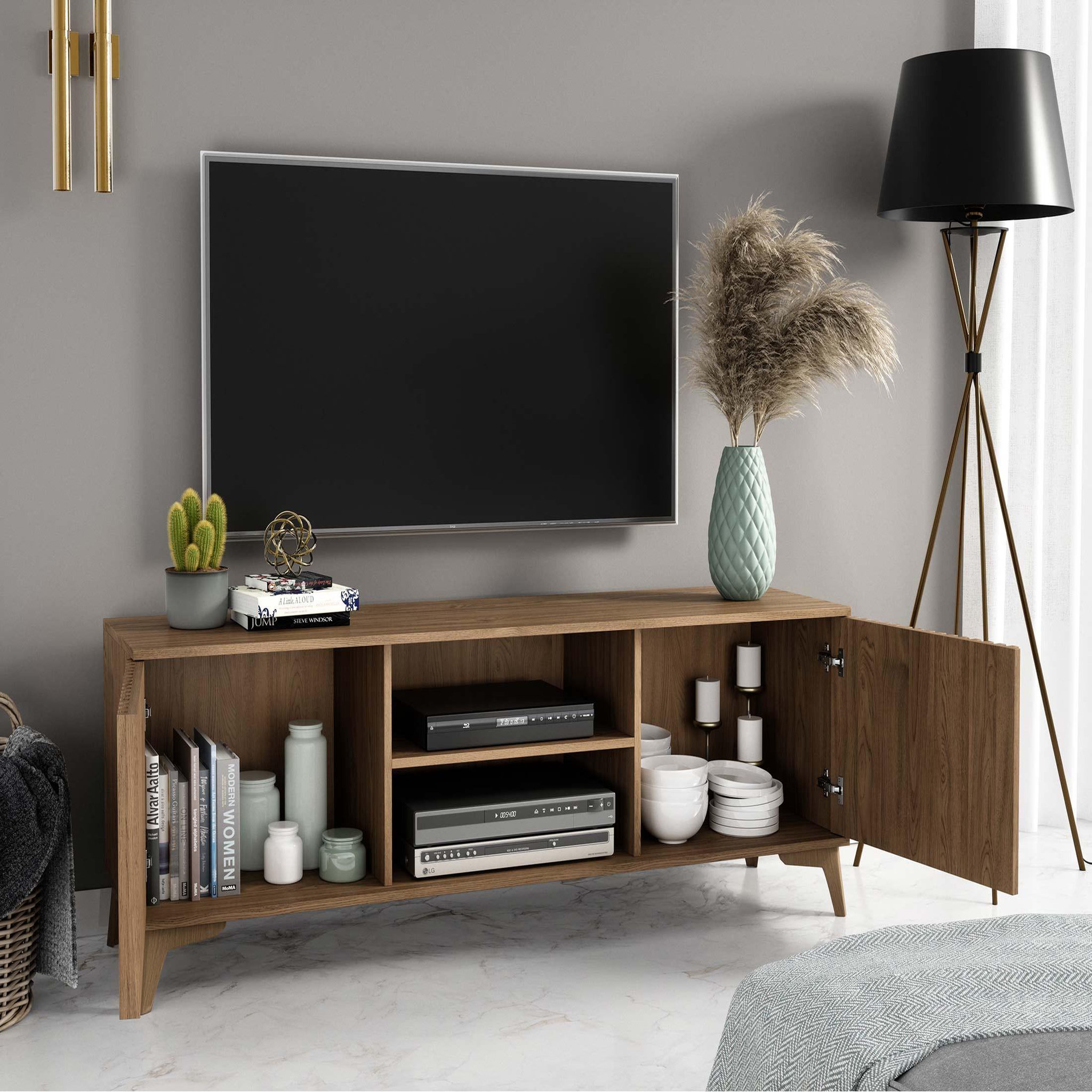 Voir la diapositive 2 : BEST MOBILIER Portmore - meuble tv - effet bois - 2 portes et 2 niches - 150 cm