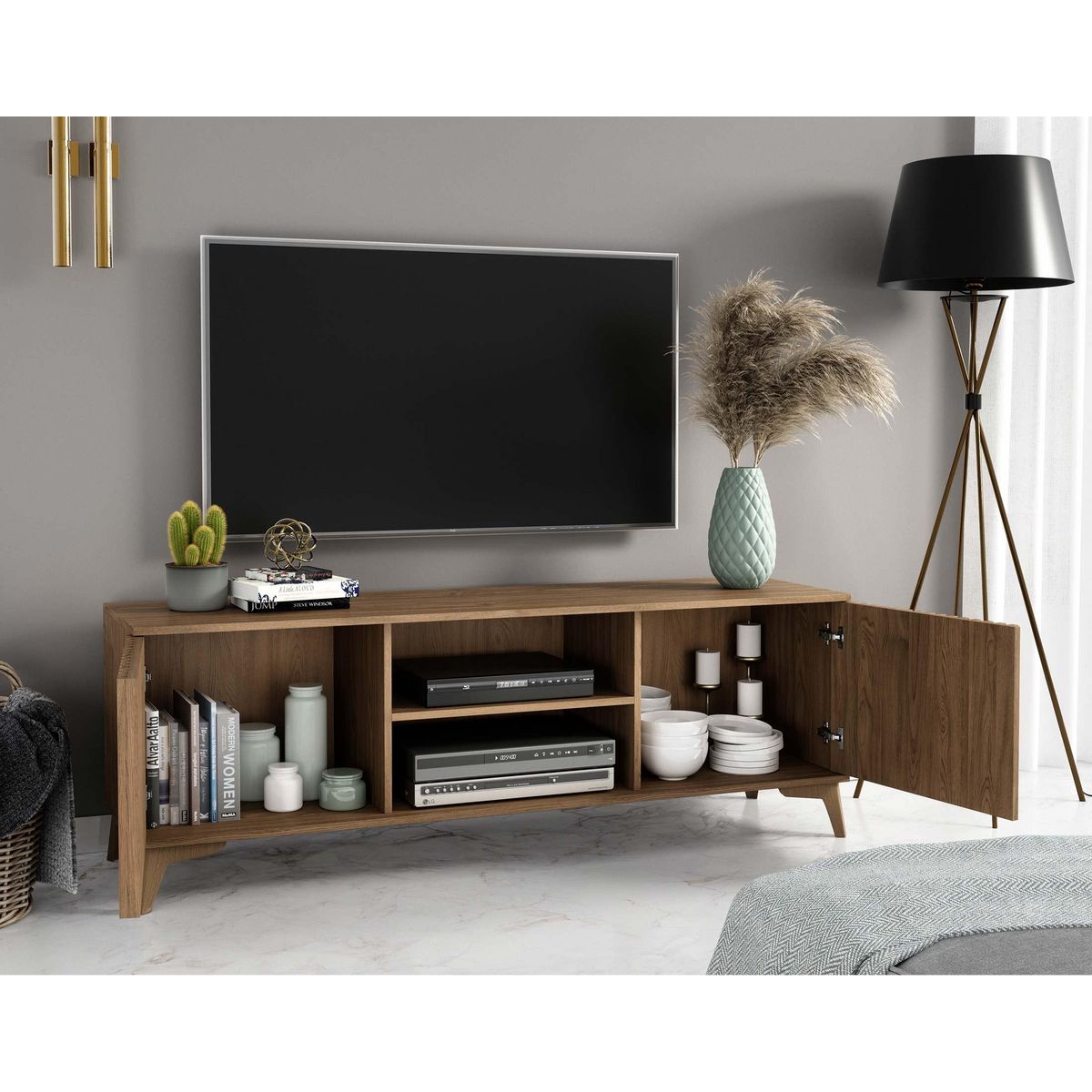 BEST MOBILIER Portmore - meuble tv - effet bois - 2 portes et 2 niches - 150 cm