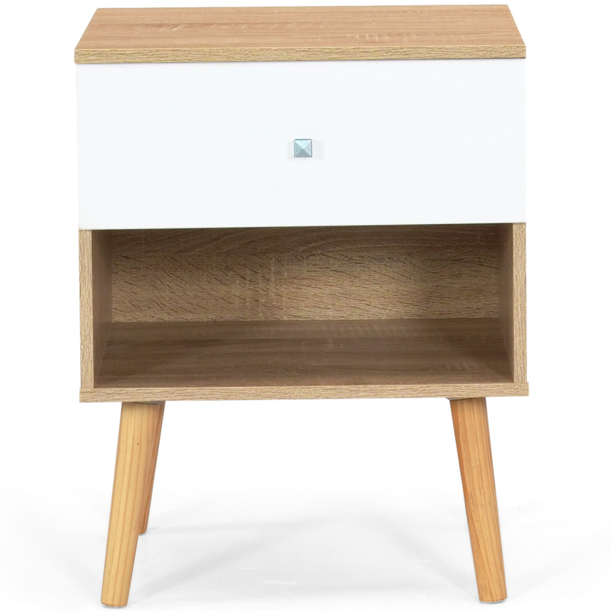 ID MARKET Lot de 2 tables de chevet EMMIE scandinaves 1 tiroir avec niche hêtre et blanc