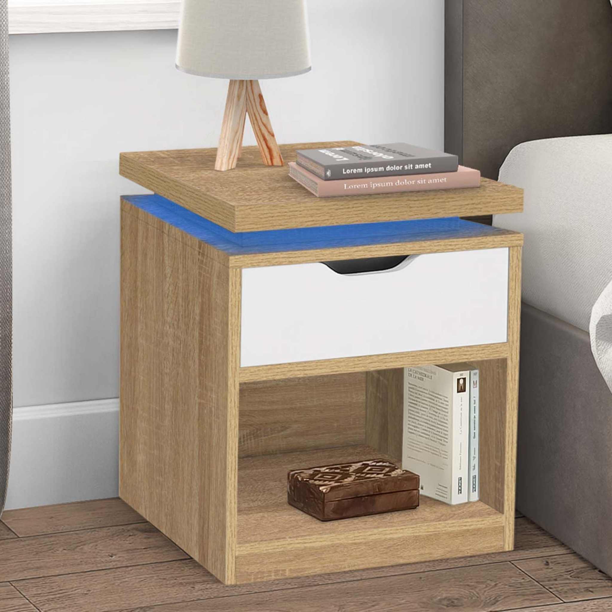 Voir la diapositive 2 : ID MARKET Lot de 2 tables de chevet luna à leds 1 tiroir avec niche hêtre et blanc